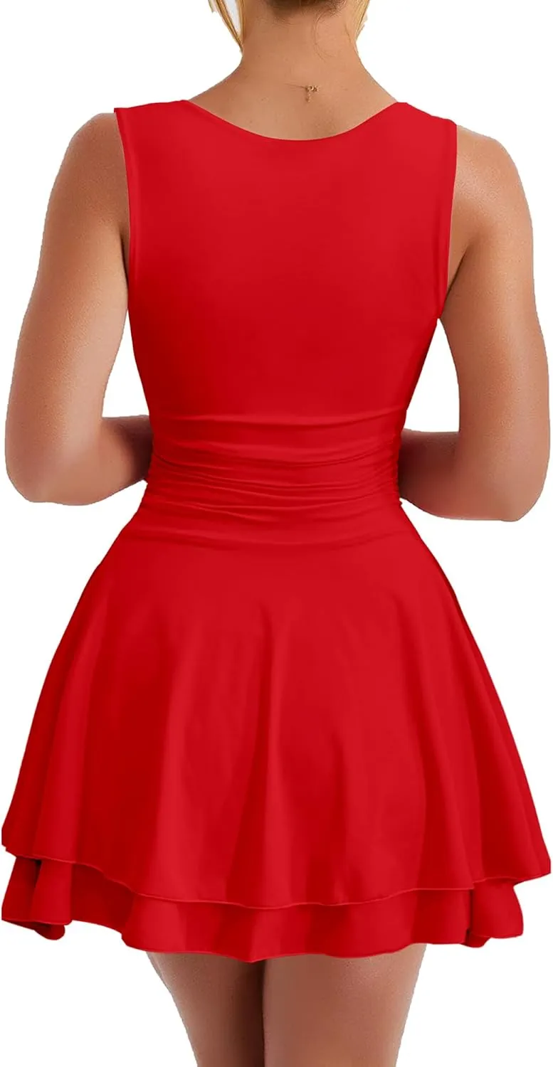 Kaximil Women's Square Neck Ruffle Hem Mini Dress Ruched Waist Short Party Dresses