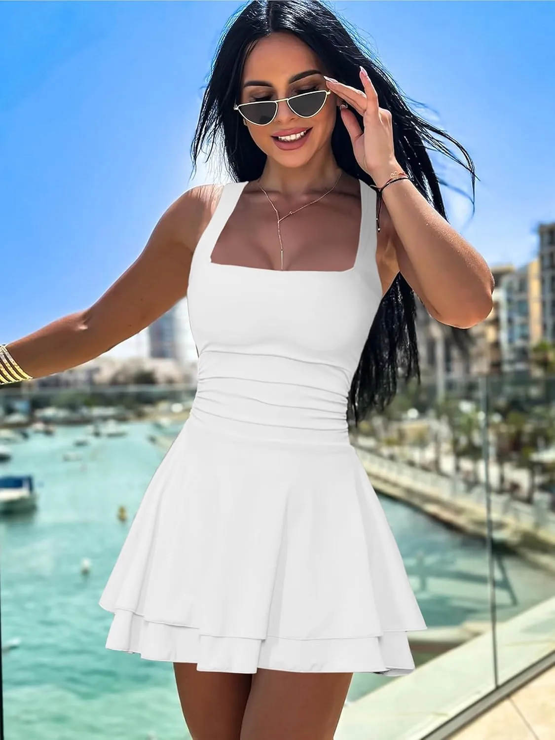 Kaximil Women's Square Neck Ruffle Hem Mini Dress Ruched Waist Short Party Dresses