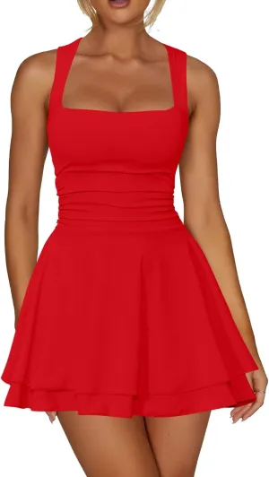 Kaximil Women's Square Neck Ruffle Hem Mini Dress Ruched Waist Short Party Dresses