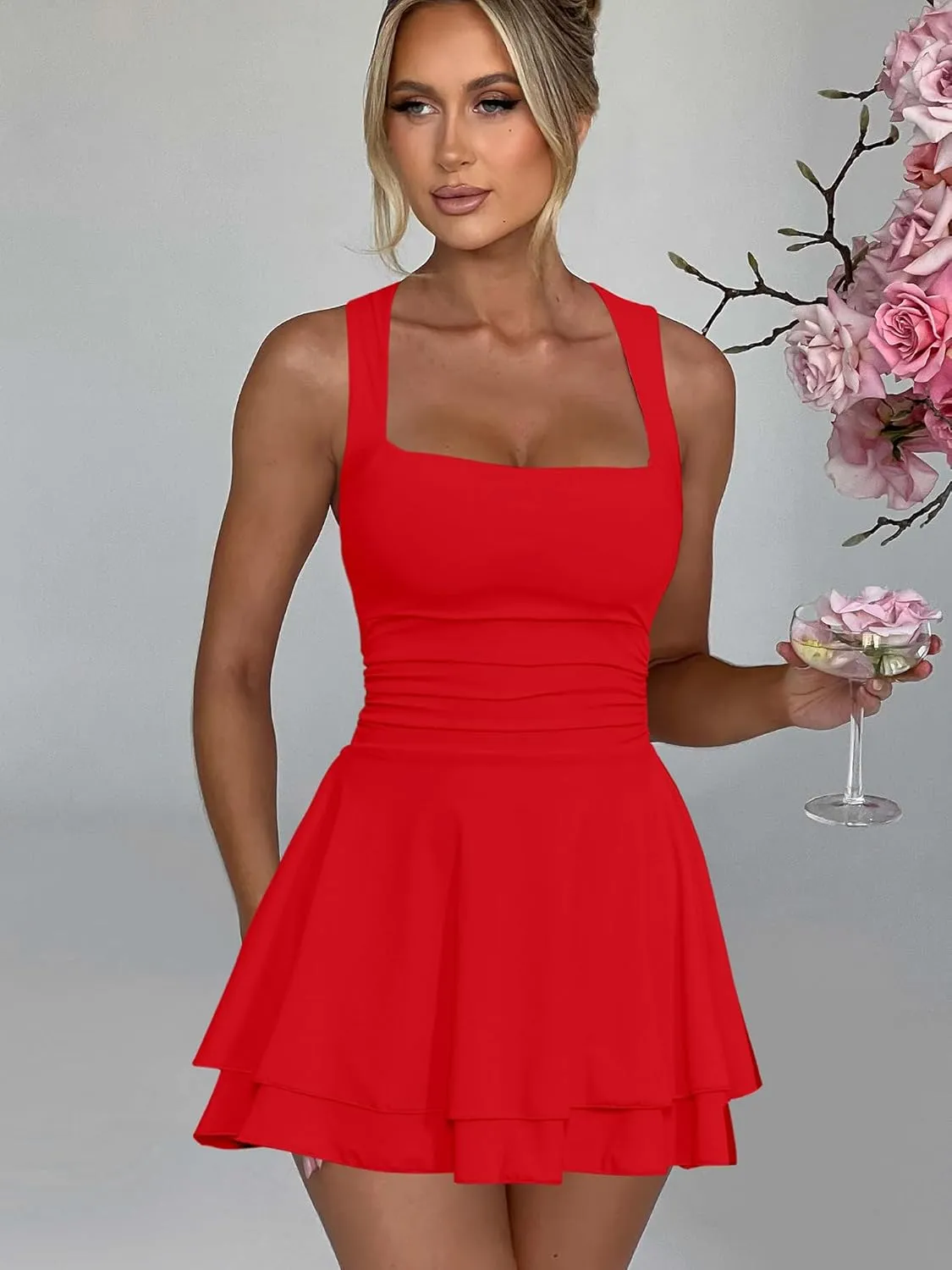 Kaximil Women's Square Neck Ruffle Hem Mini Dress Ruched Waist Short Party Dresses