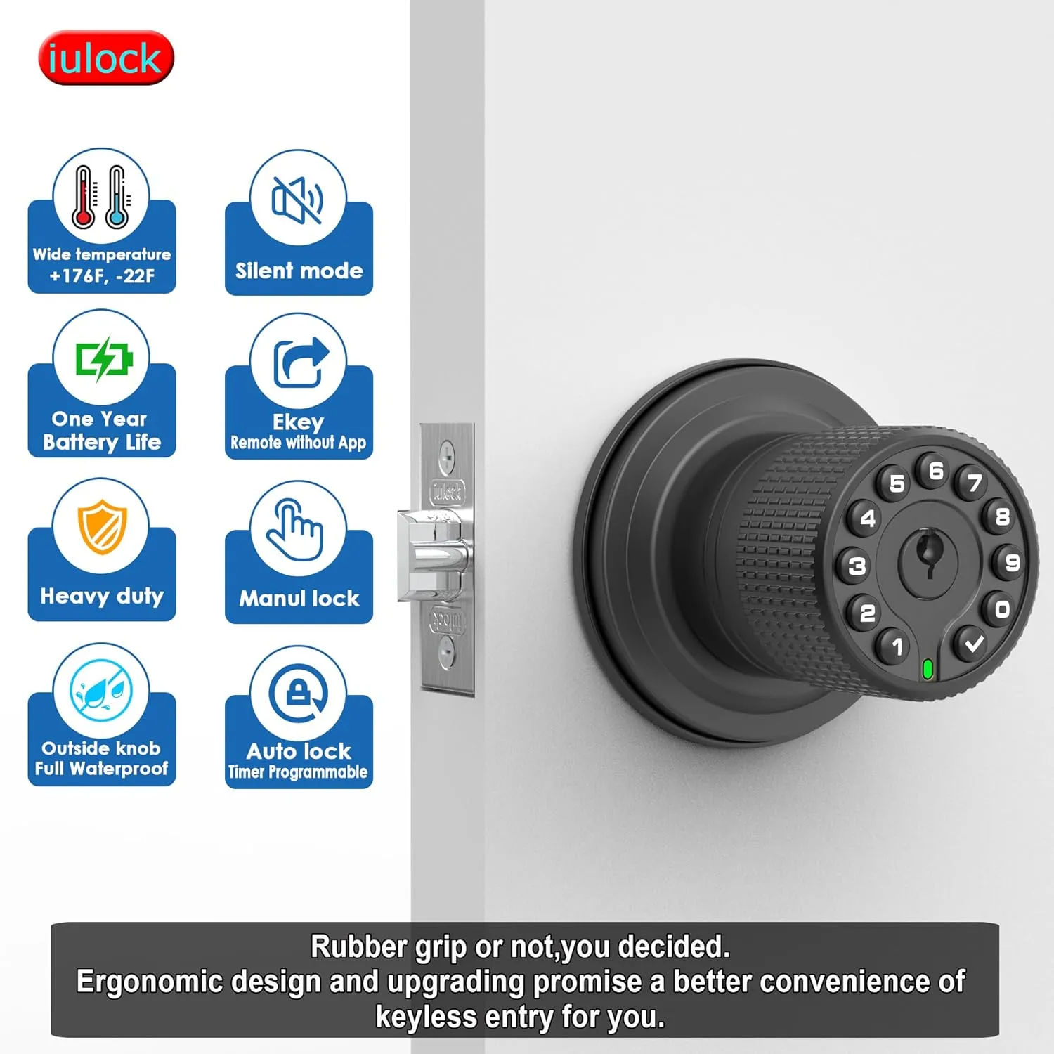 Keypad & Key Smart Door Lock, 50 User Codes, Waterproof, Auto Lock - Matte Black
