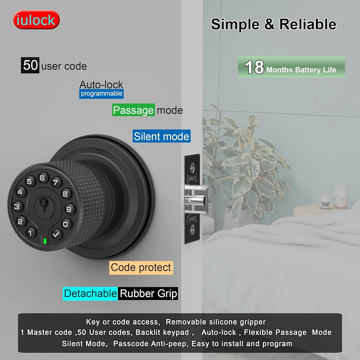 Keypad & Key Smart Door Lock, 50 User Codes, Waterproof, Auto Lock - Matte Black
