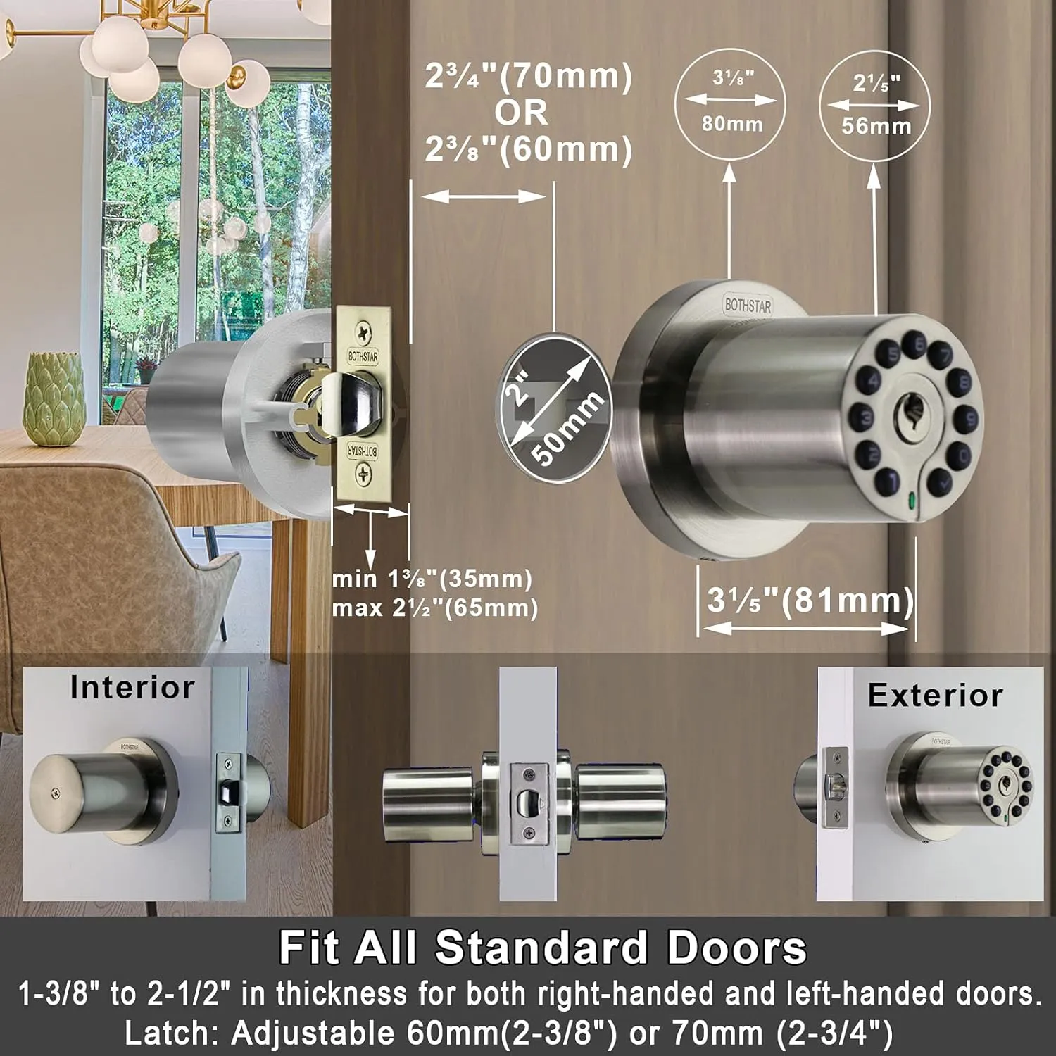 Keypad Door Knob with Key,Keyless Entry Door Lock, Code Locks Door Knob, Auto Lock,50 User Code,Easy to Install,for Home,Office,Hotel,Bedroom,Garage,No Deadbolt