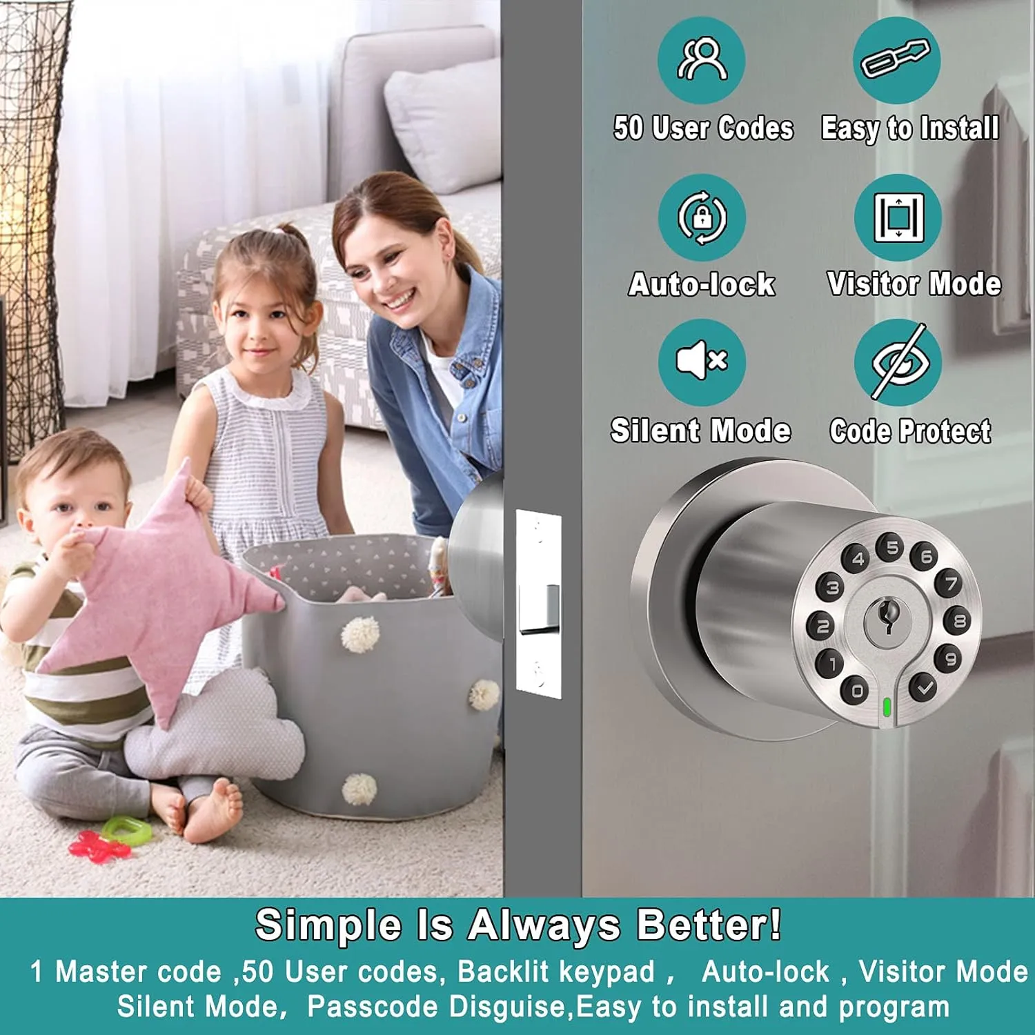 Keypad Door Knob with Key,Keyless Entry Door Lock, Code Locks Door Knob, Auto Lock,50 User Code,Easy to Install,for Home,Office,Hotel,Bedroom,Garage,No Deadbolt