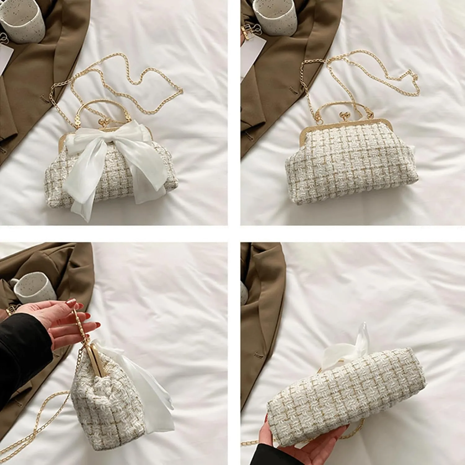 Kiss Lock Purse and Handbag for Women Plaid Pattern Bow Crossbody Bag Medium Handbags Kiss Clasp Tote Shoulder Bags