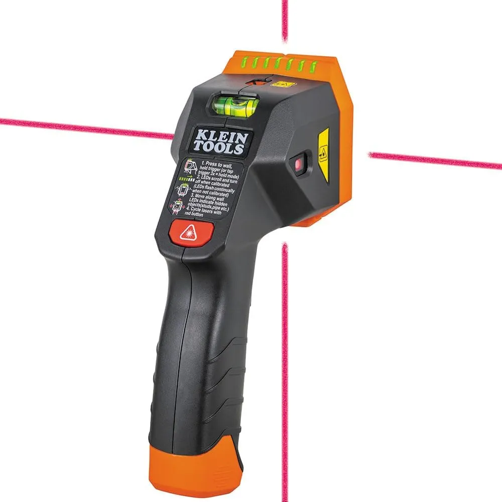 Klein Tools ESF150LL Electronic Stud Finder with Cross-Line Lasers, Bubble Level, Laser Class 3R; ≤5mW; 15' in All Directions, for Wood and Metal Studs, Bright Green LEDs, Batteries Included