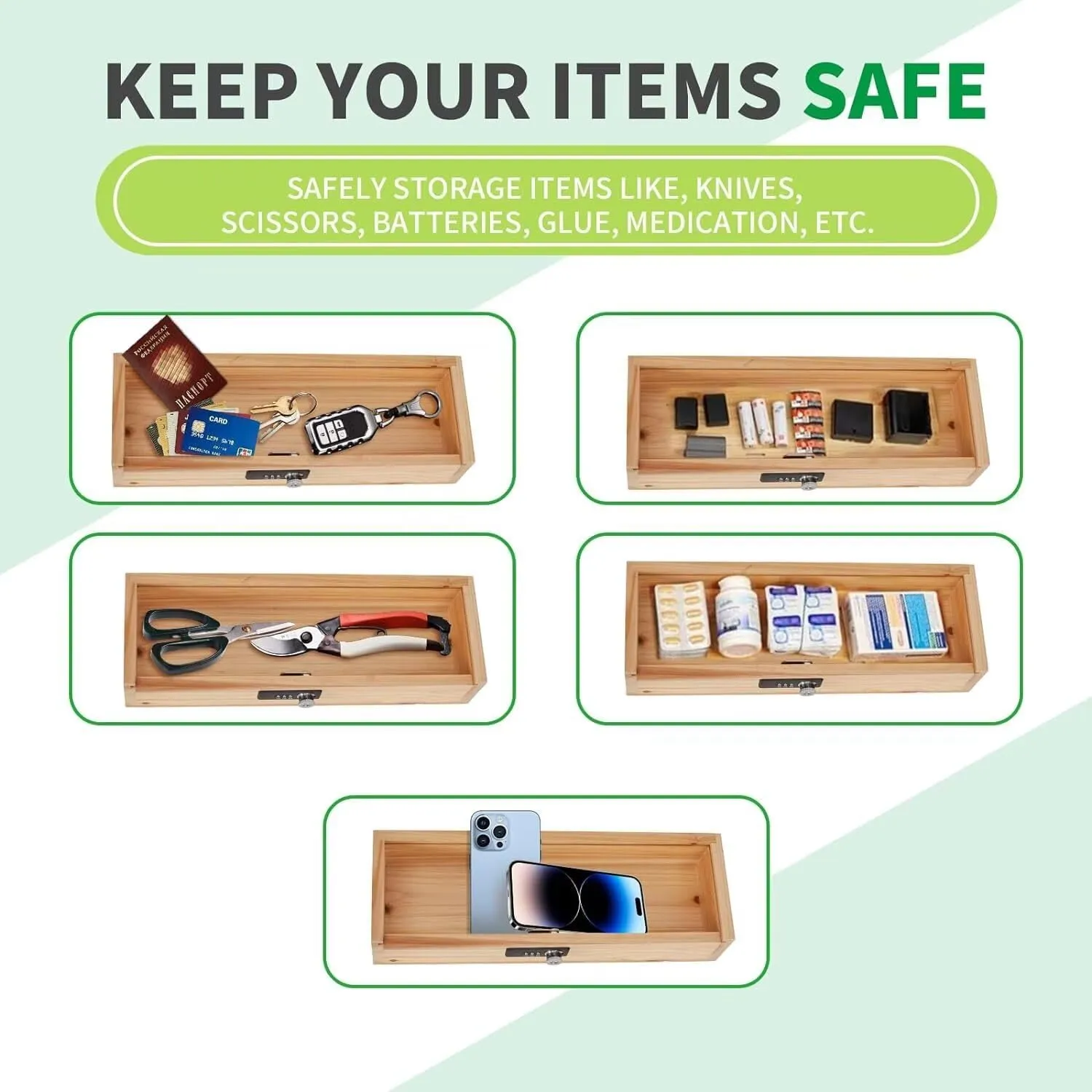 Knife Lock Box - Kitchen Knife Storage Box, Kids Safe In Drawer Knife Block, Wooden Sharp Knives Holder & Organizer, Multi Purpose Lock Box, Knife Storage Alternative (Knives Not Included)