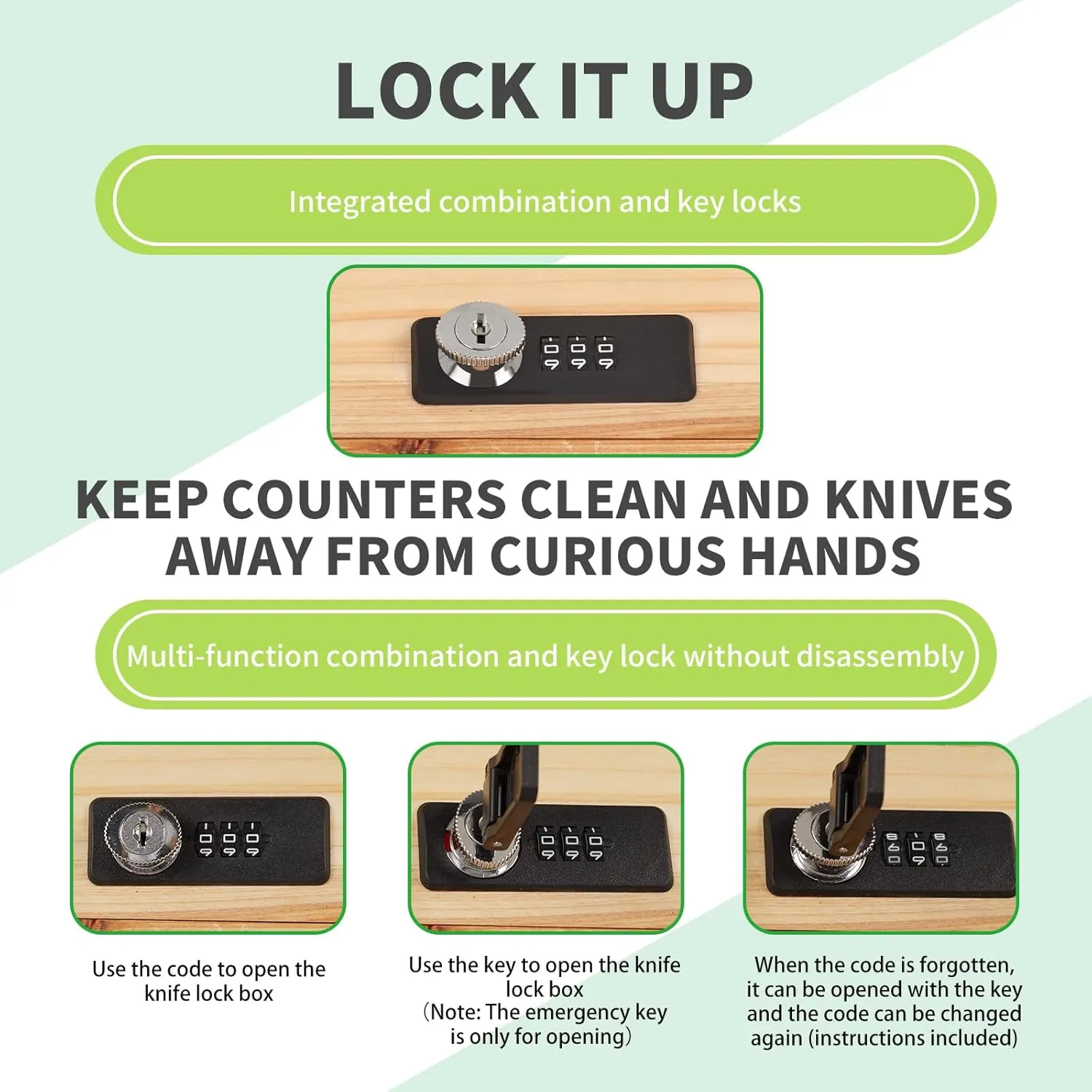Knife Lock Box - Kitchen Knife Storage Box, Kids Safe In Drawer Knife Block, Wooden Sharp Knives Holder & Organizer, Multi Purpose Lock Box, Knife Storage Alternative (Knives Not Included)