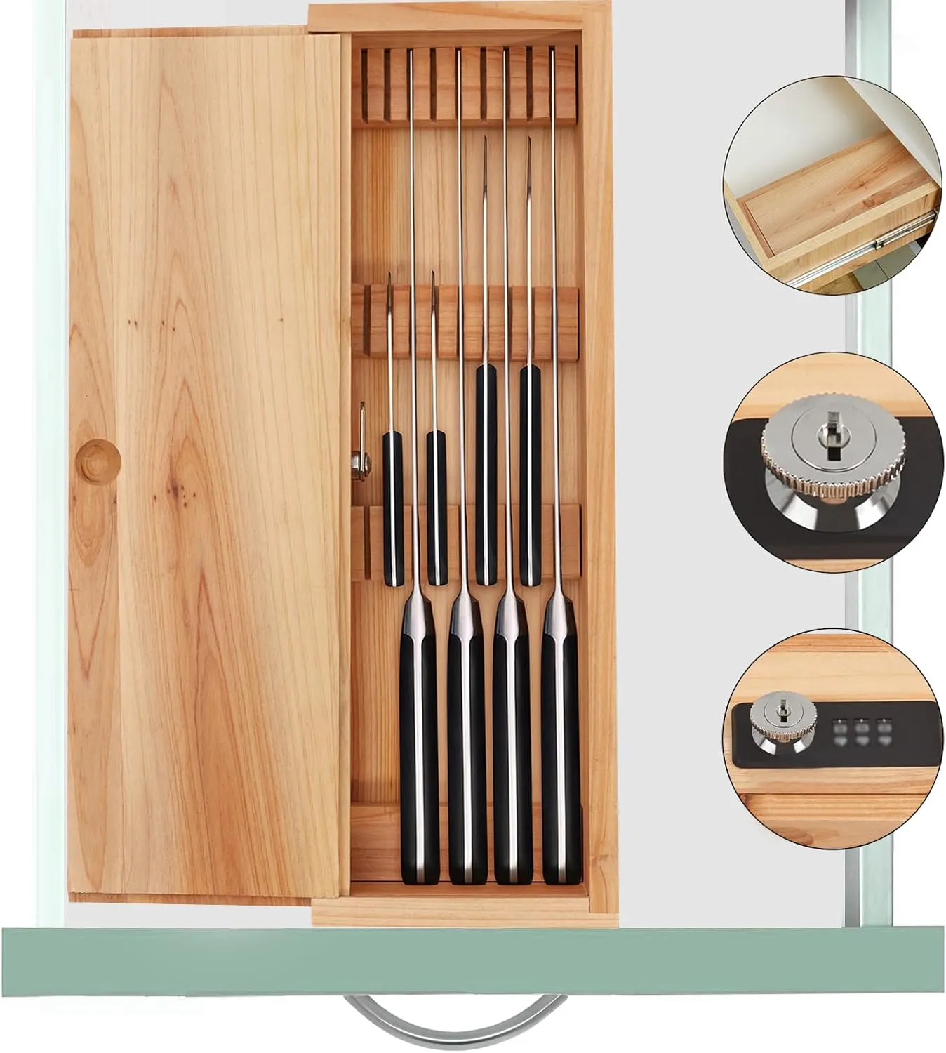 Knife Lock Box - Kitchen Knife Storage Box, Kids Safe In Drawer Knife Block, Wooden Sharp Knives Holder & Organizer, Multi Purpose Lock Box, Knife Storage Alternative (Knives Not Included)