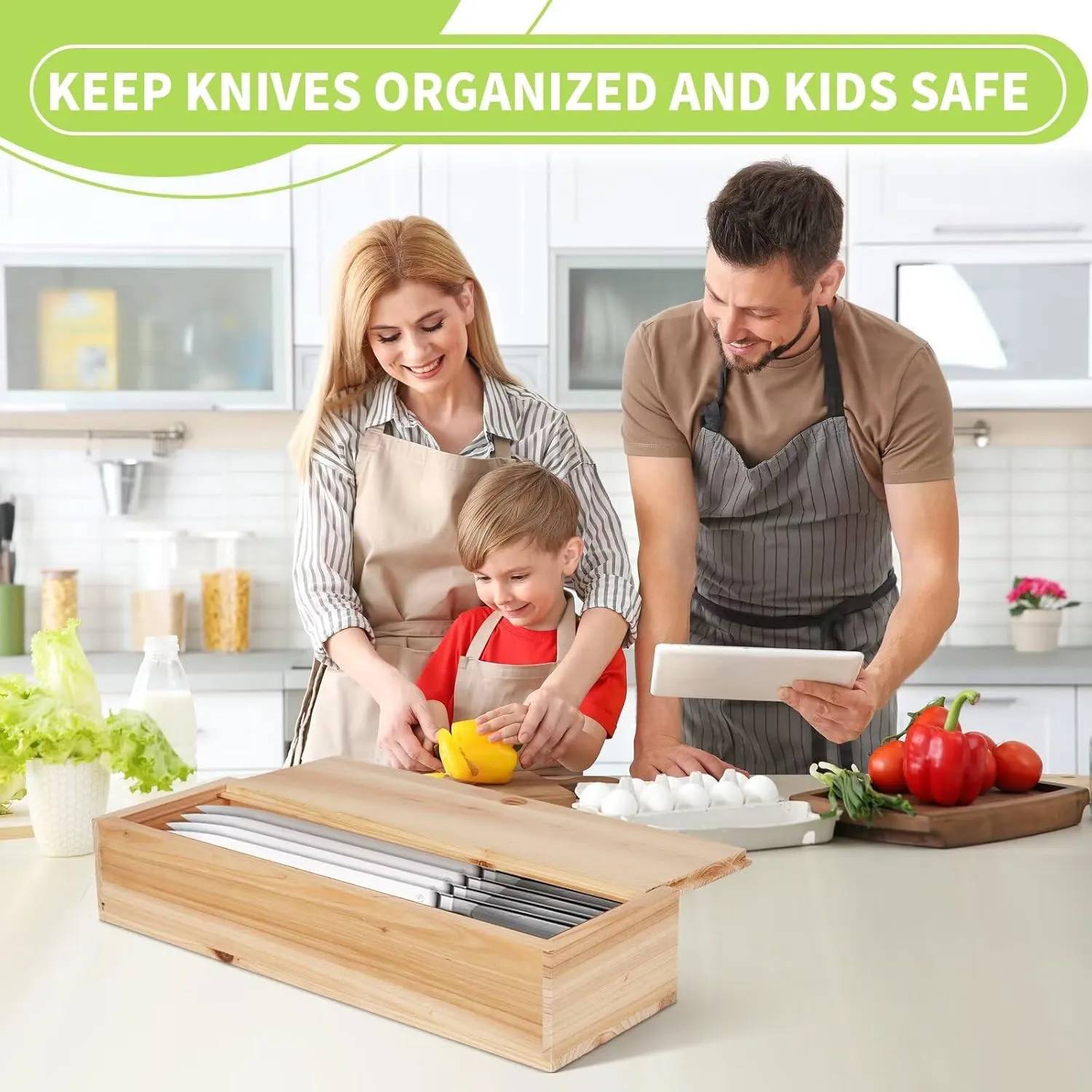 Knife Lock Box - Kitchen Knife Storage Box, Kids Safe In Drawer Knife Block, Wooden Sharp Knives Holder & Organizer, Multi Purpose Lock Box, Knife Storage Alternative (Knives Not Included)