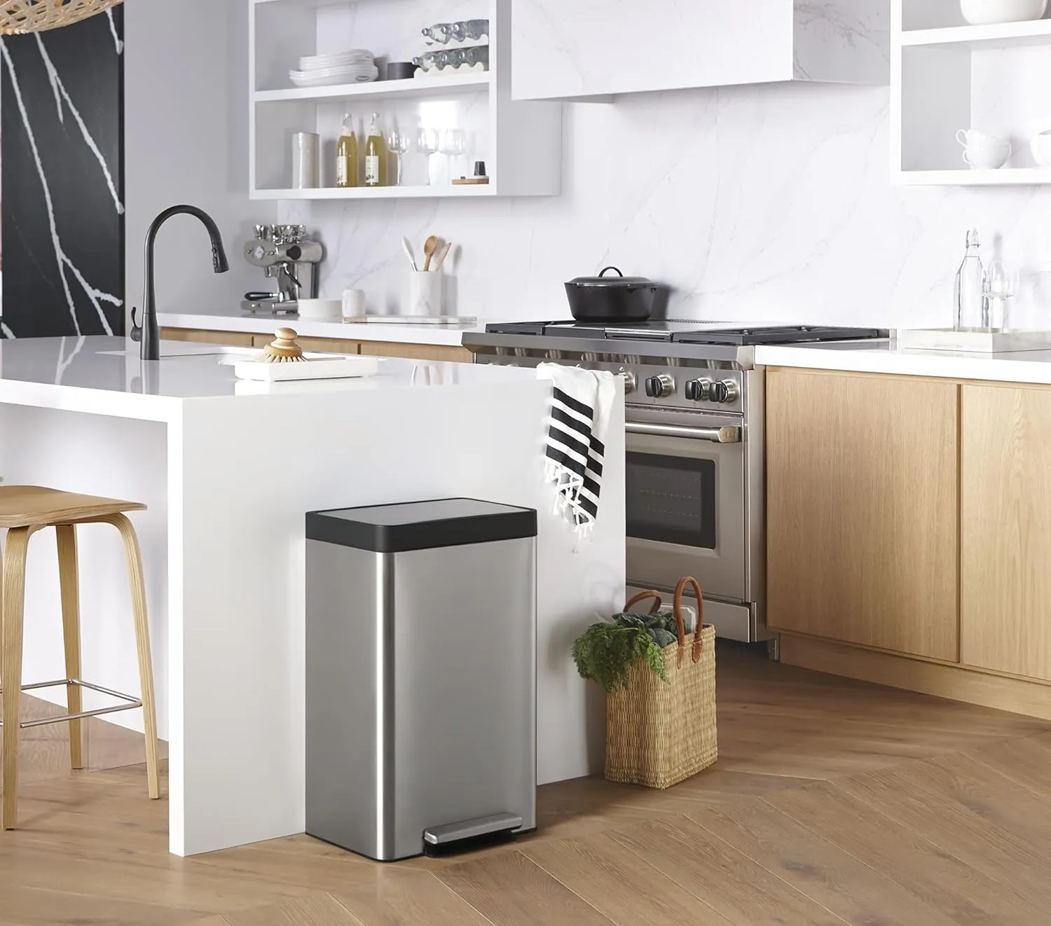 KOHLER 13-Gallon Stainless Steel Step Trash Can, Stainless Steel, Hands-Free Pedal, Quiet-Close Lid, Fingerprint-Resistant, Durable, K-20940-ST