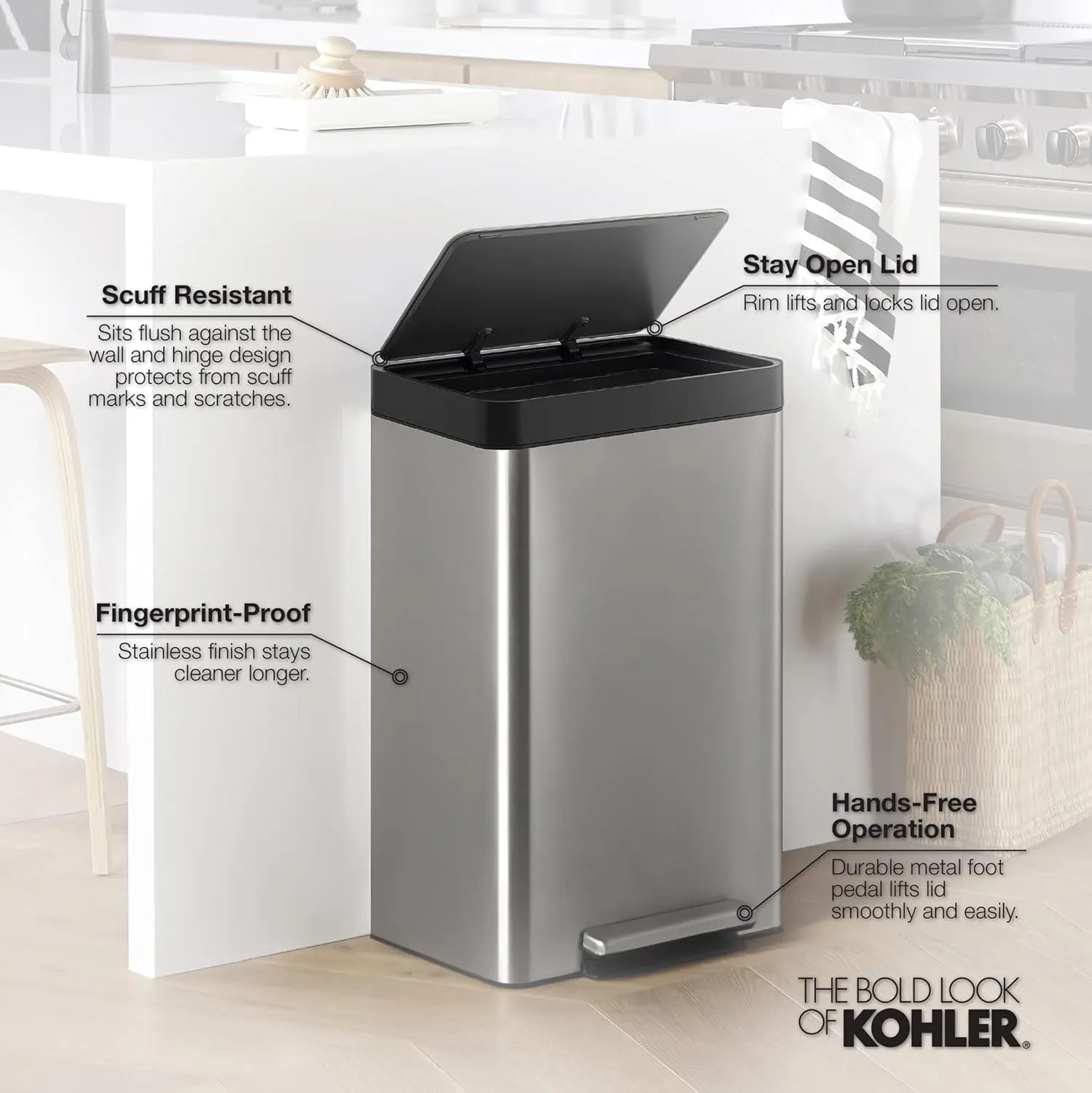 KOHLER 13-Gallon Stainless Steel Step Trash Can, Stainless Steel, Hands-Free Pedal, Quiet-Close Lid, Fingerprint-Resistant, Durable, K-20940-ST