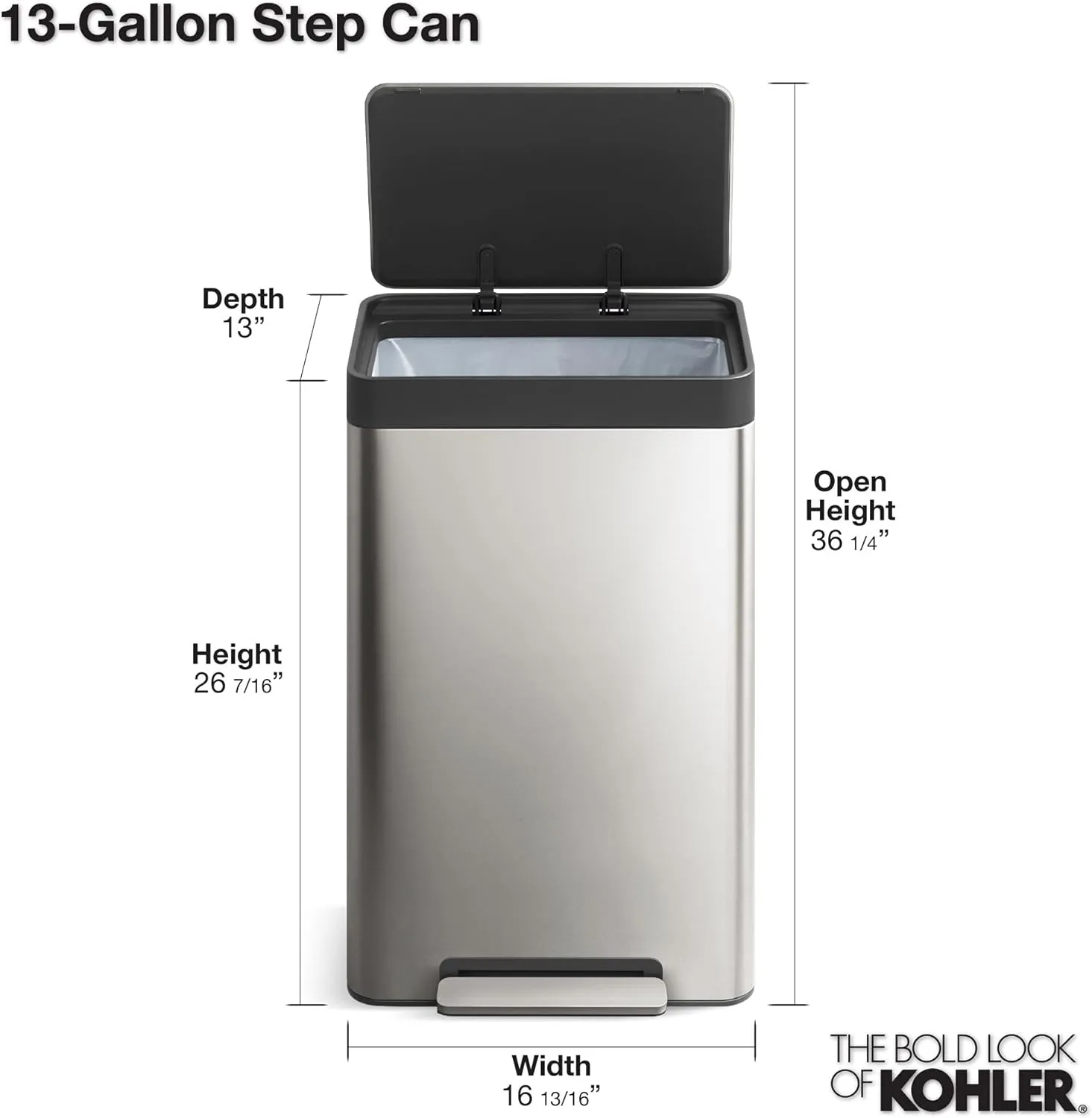 KOHLER 13-Gallon Stainless Steel Step Trash Can, Stainless Steel, Hands-Free Pedal, Quiet-Close Lid, Fingerprint-Resistant, Durable, K-20940-ST