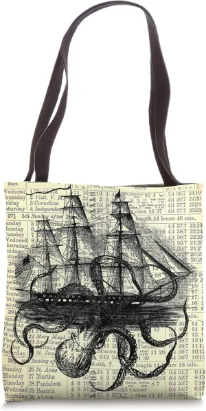 Kraken Attacking Ship on 1896 Antique Almanac Page Tote Bag