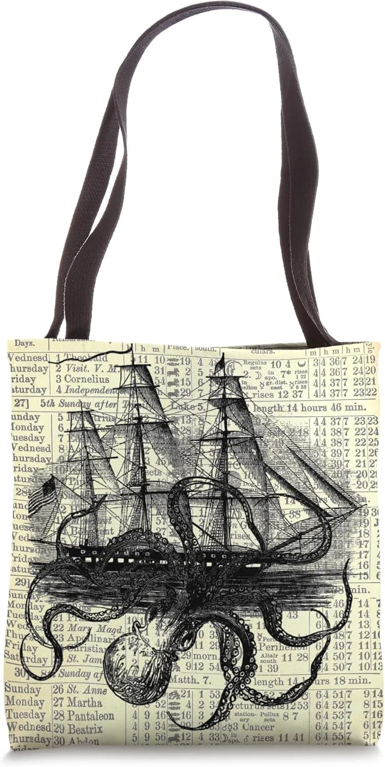 Kraken Attacking Ship on 1896 Antique Almanac Page Tote Bag
