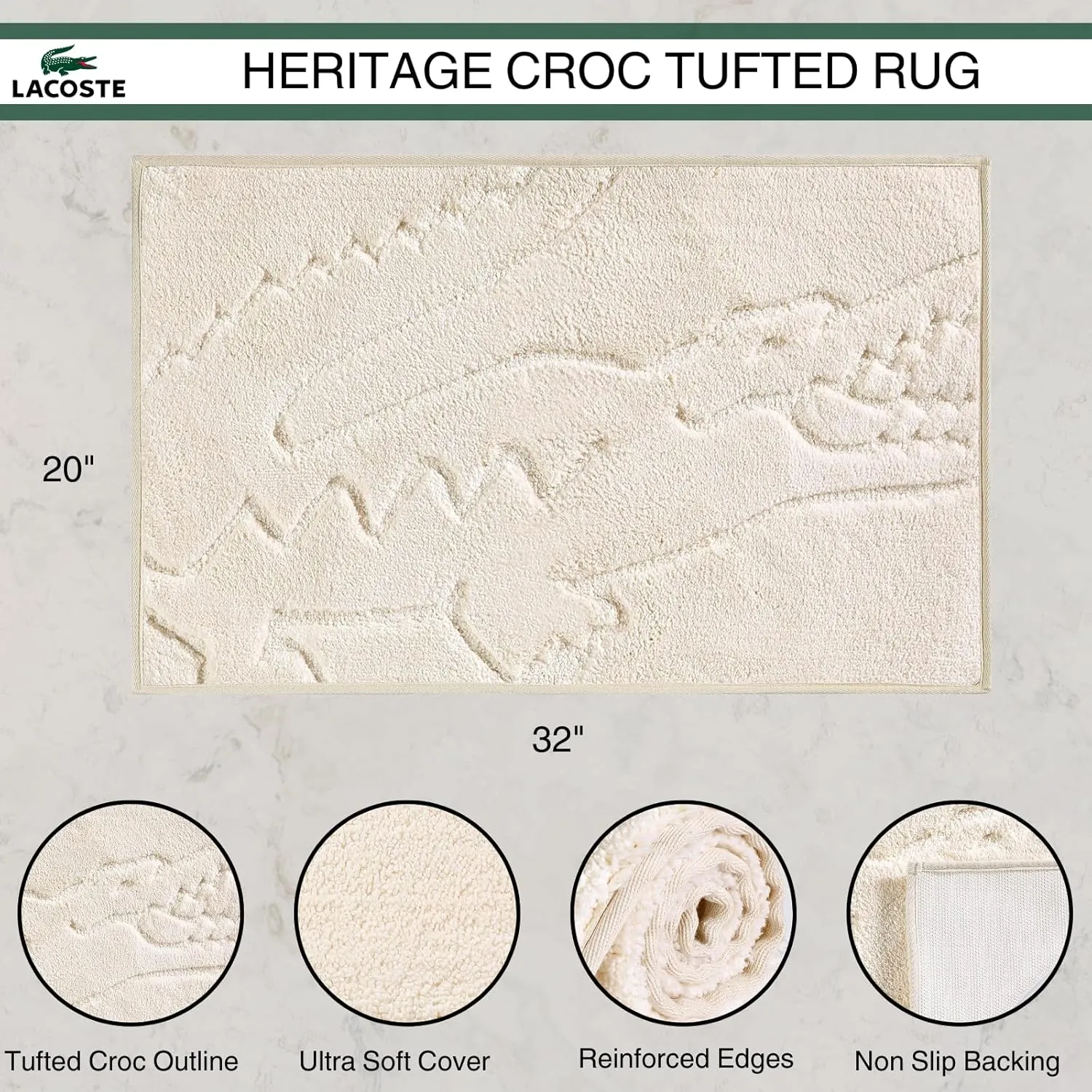Lacoste Heritage Bath Rug, 32" x 20", 100% Polyester, Chalk