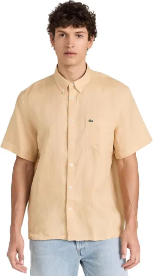 Lacoste Men's Short Sleeve Regular Fit Linen Button Down Shirt with Front Pocket