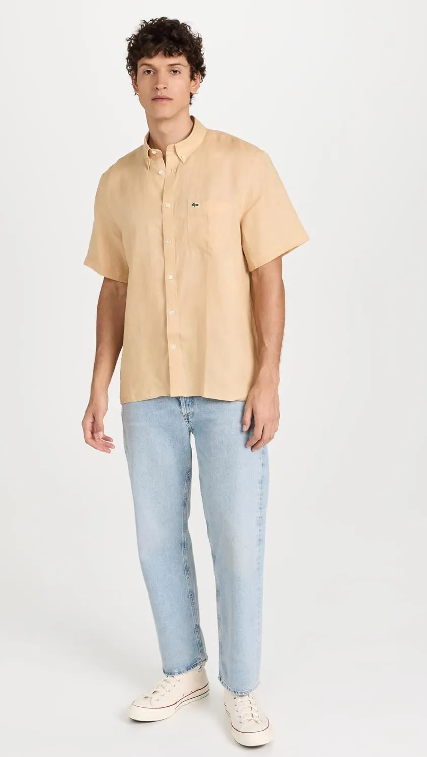 Lacoste Men's Short Sleeve Regular Fit Linen Button Down Shirt with Front Pocket