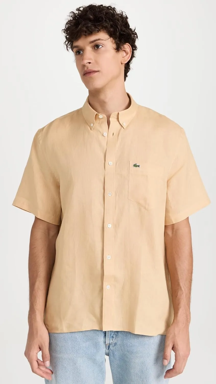 Lacoste Men's Short Sleeve Regular Fit Linen Button Down Shirt with Front Pocket