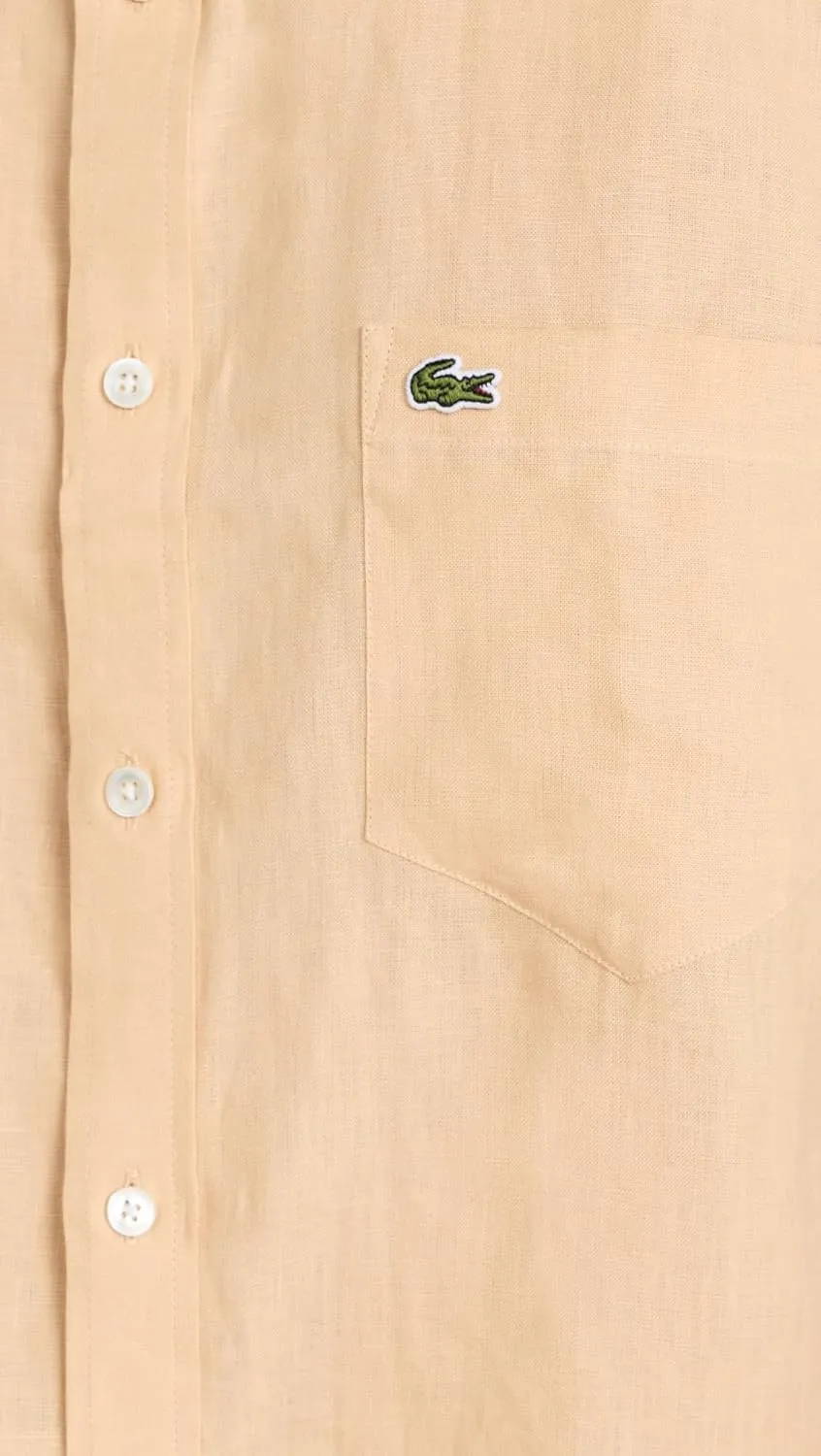 Lacoste Men's Short Sleeve Regular Fit Linen Button Down Shirt with Front Pocket