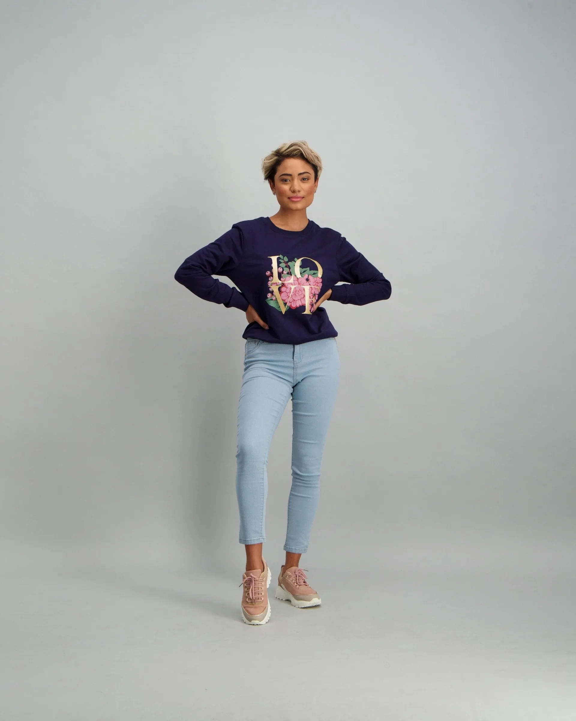 Ladies Long Sleeve Slogan Top - Navy