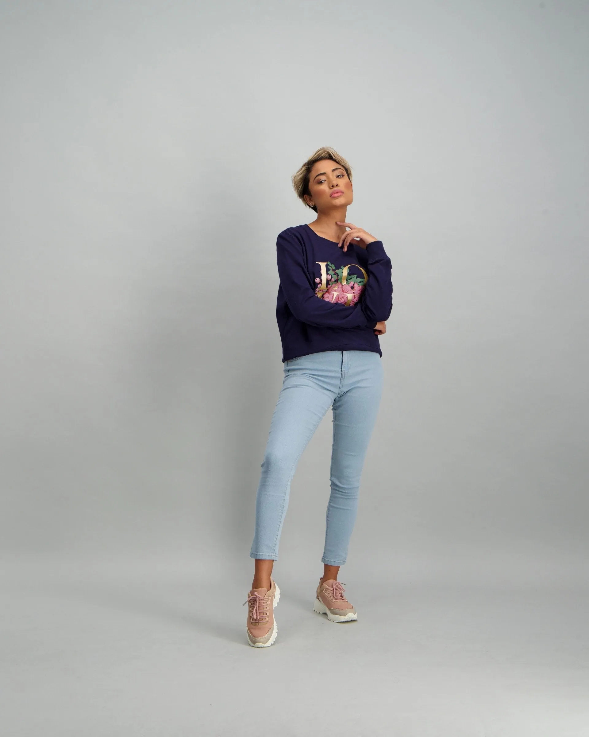 Ladies Long Sleeve Slogan Top - Navy