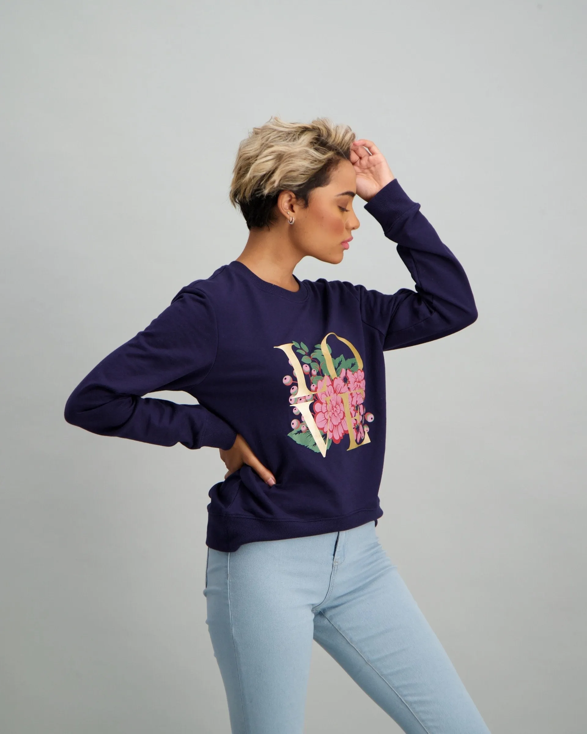 Ladies Long Sleeve Slogan Top - Navy