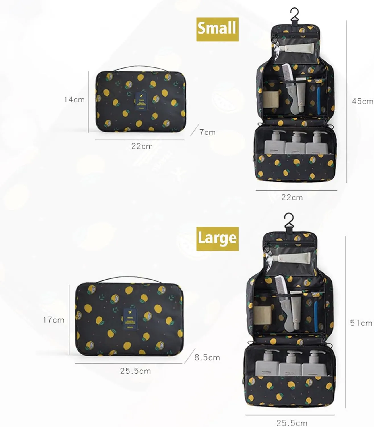 L&FY Hanging Toiletry Bags, Travel Makeup Toiletries Bag Organizer For Women & Men Dopp Kits Pouch For Travel Accessories, Essentials (Yellow, L)