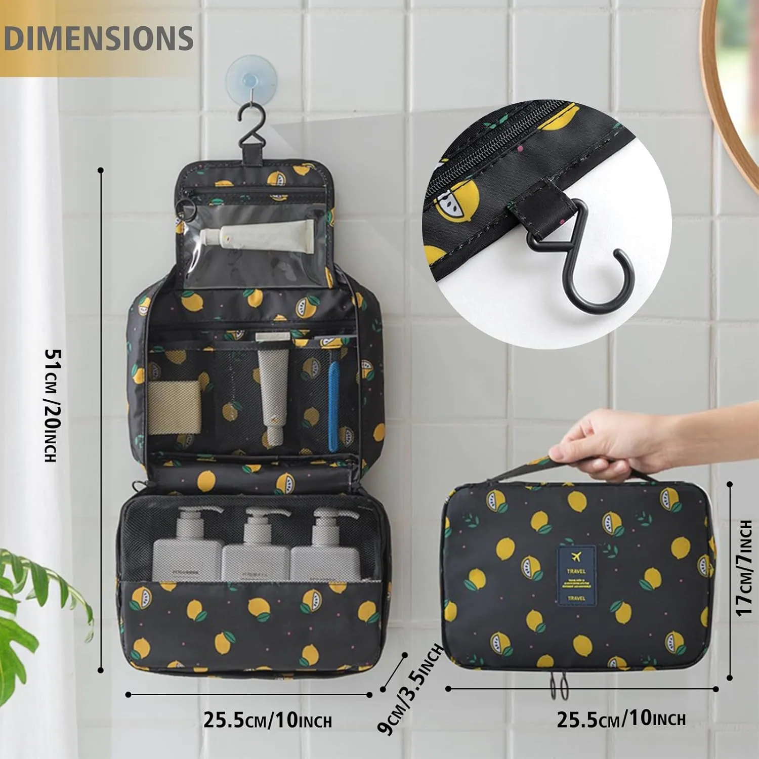 L&FY Hanging Toiletry Bags, Travel Makeup Toiletries Bag Organizer For Women & Men Dopp Kits Pouch For Travel Accessories, Essentials (Yellow, L)