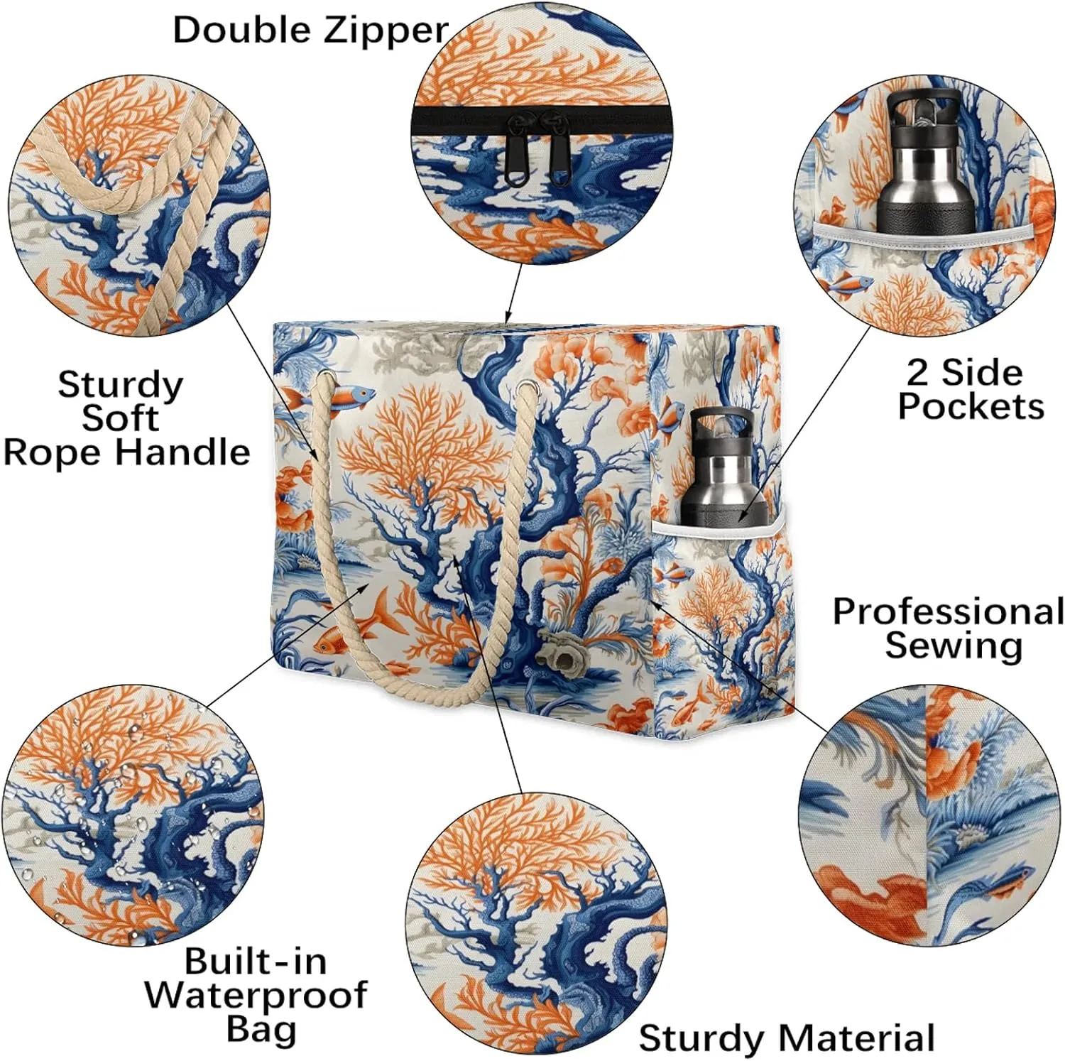 Large Beach Bags for Women and Men, Waterproof Tote with Zipper, Reusable Grocery Shopping Shoulder Bag