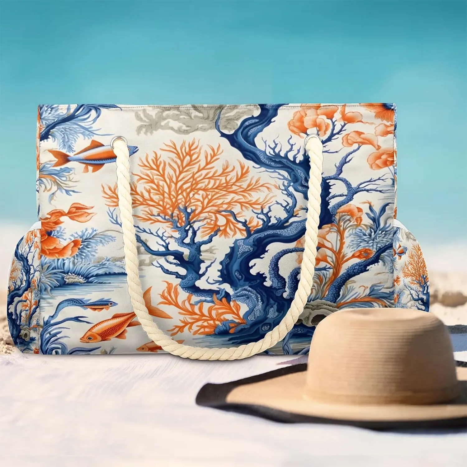 Large Beach Bags for Women and Men, Waterproof Tote with Zipper, Reusable Grocery Shopping Shoulder Bag