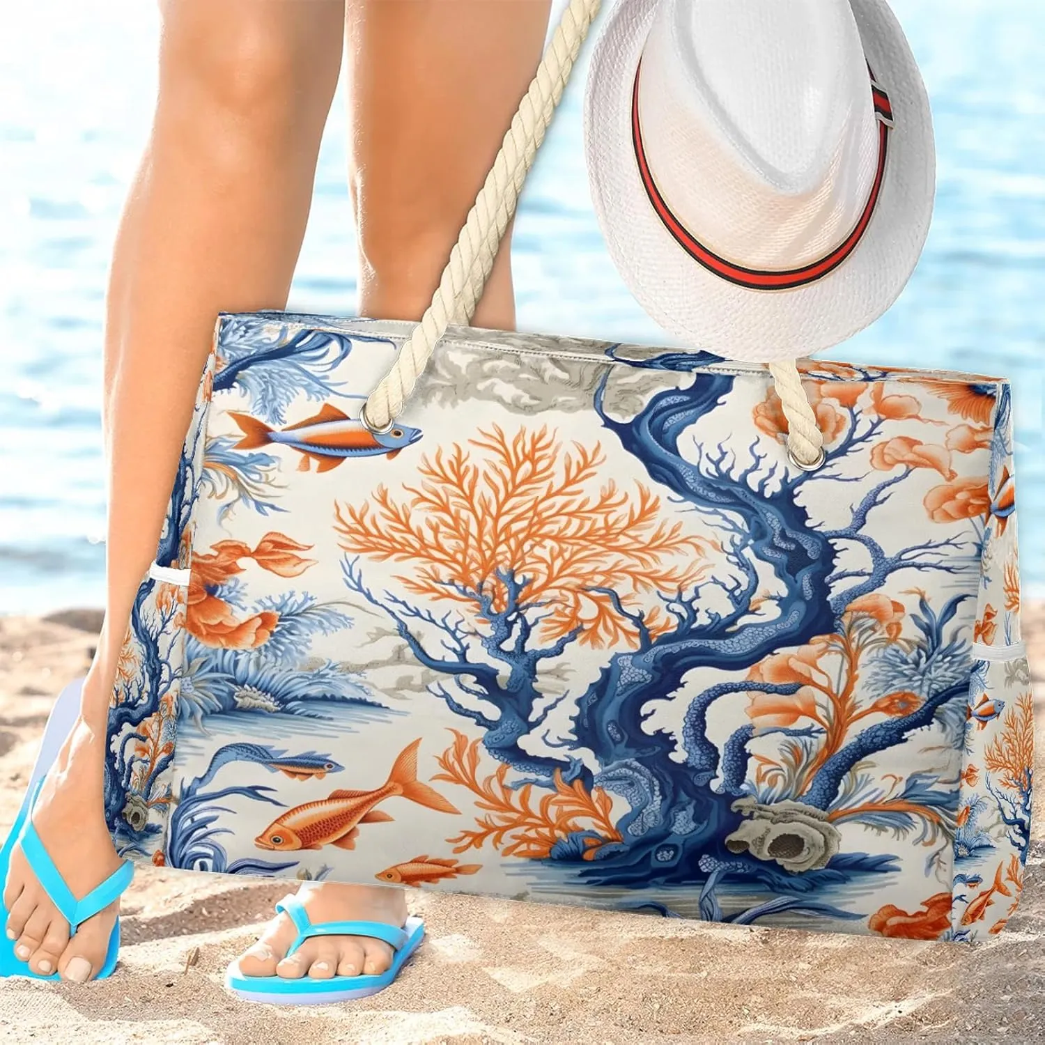 Large Beach Bags for Women and Men, Waterproof Tote with Zipper, Reusable Grocery Shopping Shoulder Bag