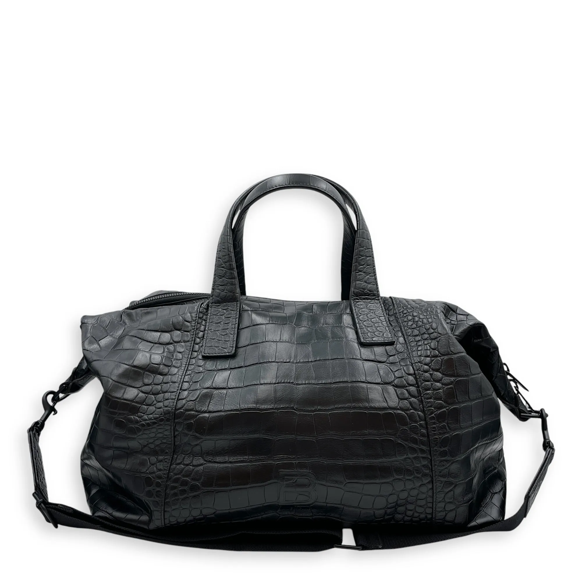 Large Black Duffle Bag in Crocodile Embossed Calfskin, Black powder coated hardware