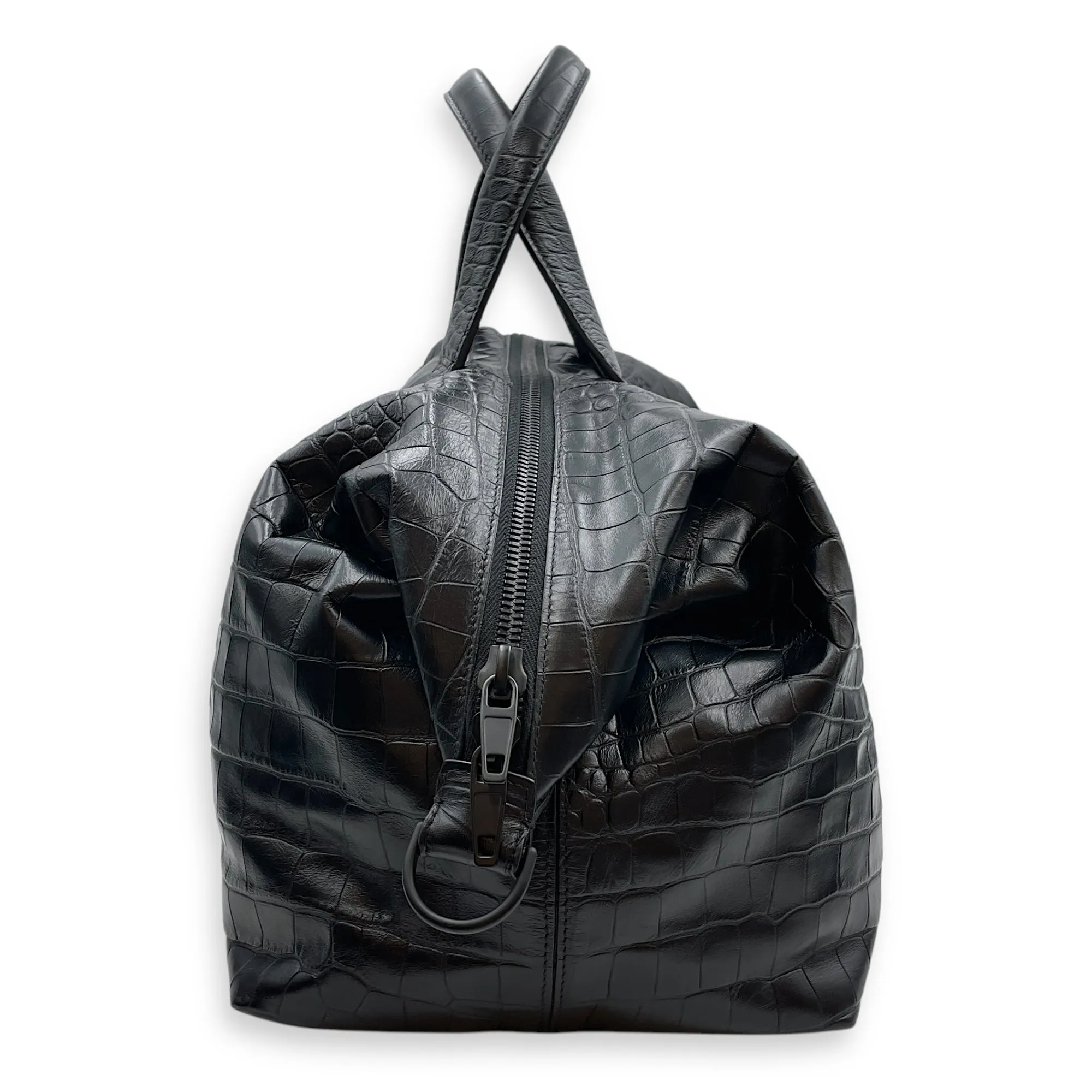 Large Black Duffle Bag in Crocodile Embossed Calfskin, Black powder coated hardware