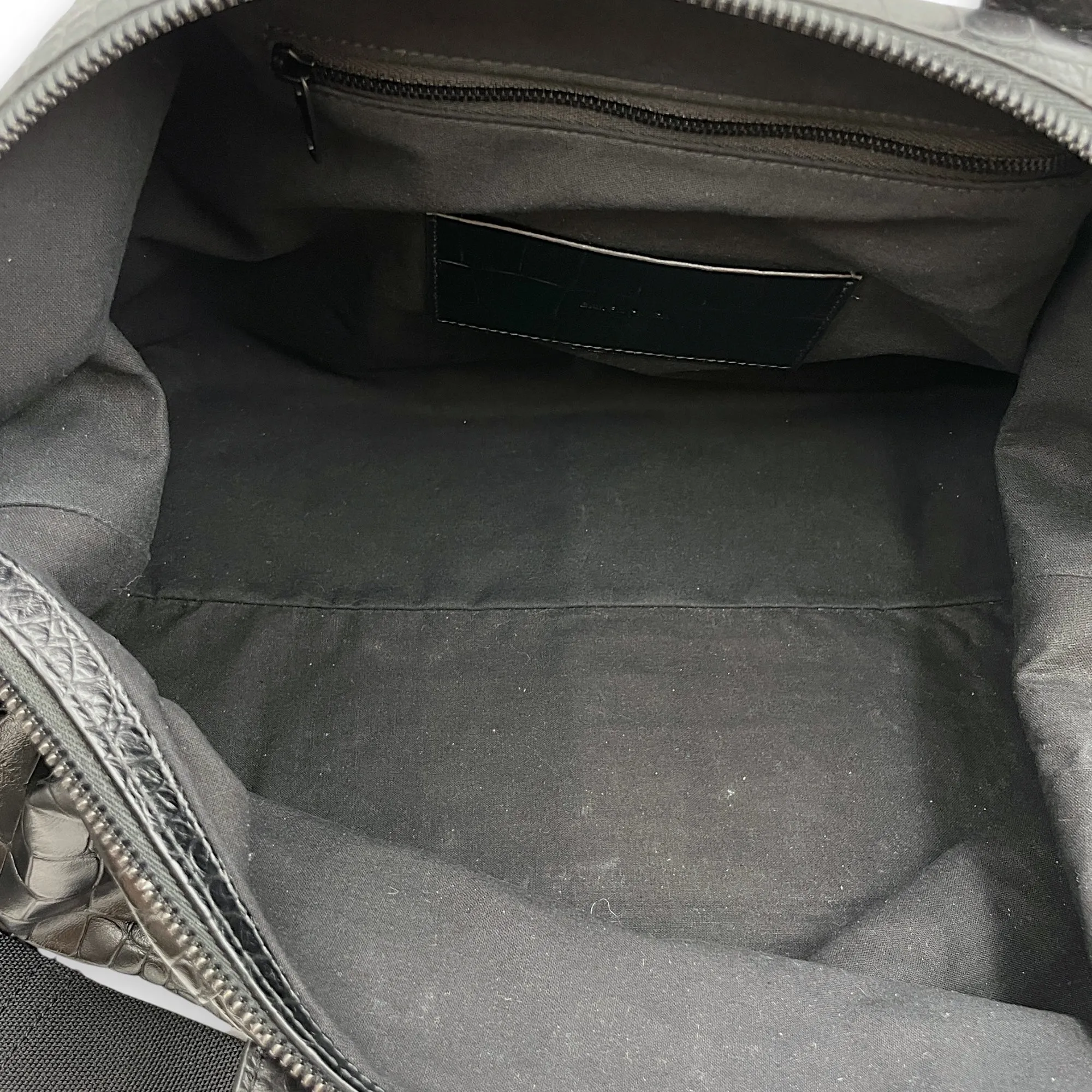 Large Black Duffle Bag in Crocodile Embossed Calfskin, Black powder coated hardware