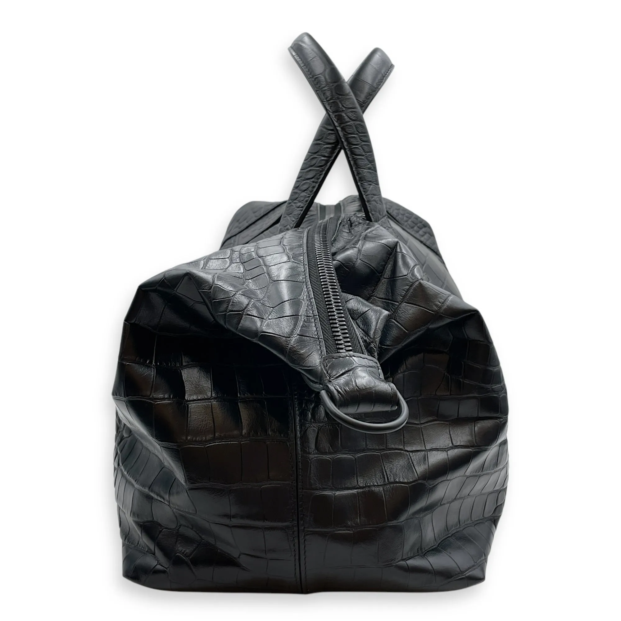 Large Black Duffle Bag in Crocodile Embossed Calfskin, Black powder coated hardware