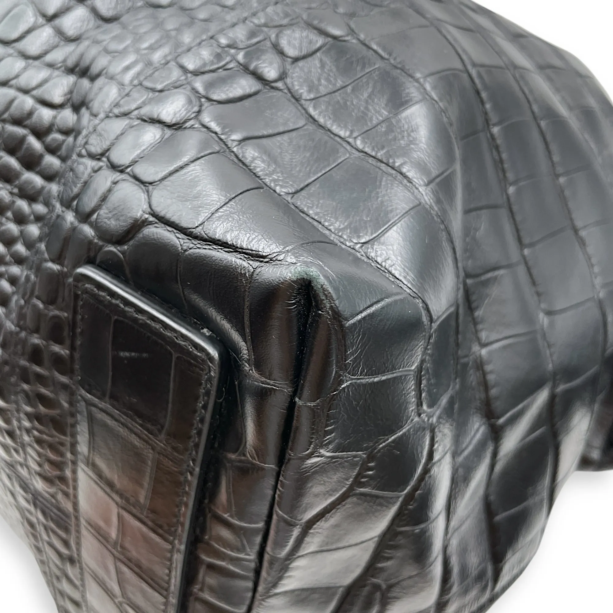 Large Black Duffle Bag in Crocodile Embossed Calfskin, Black powder coated hardware