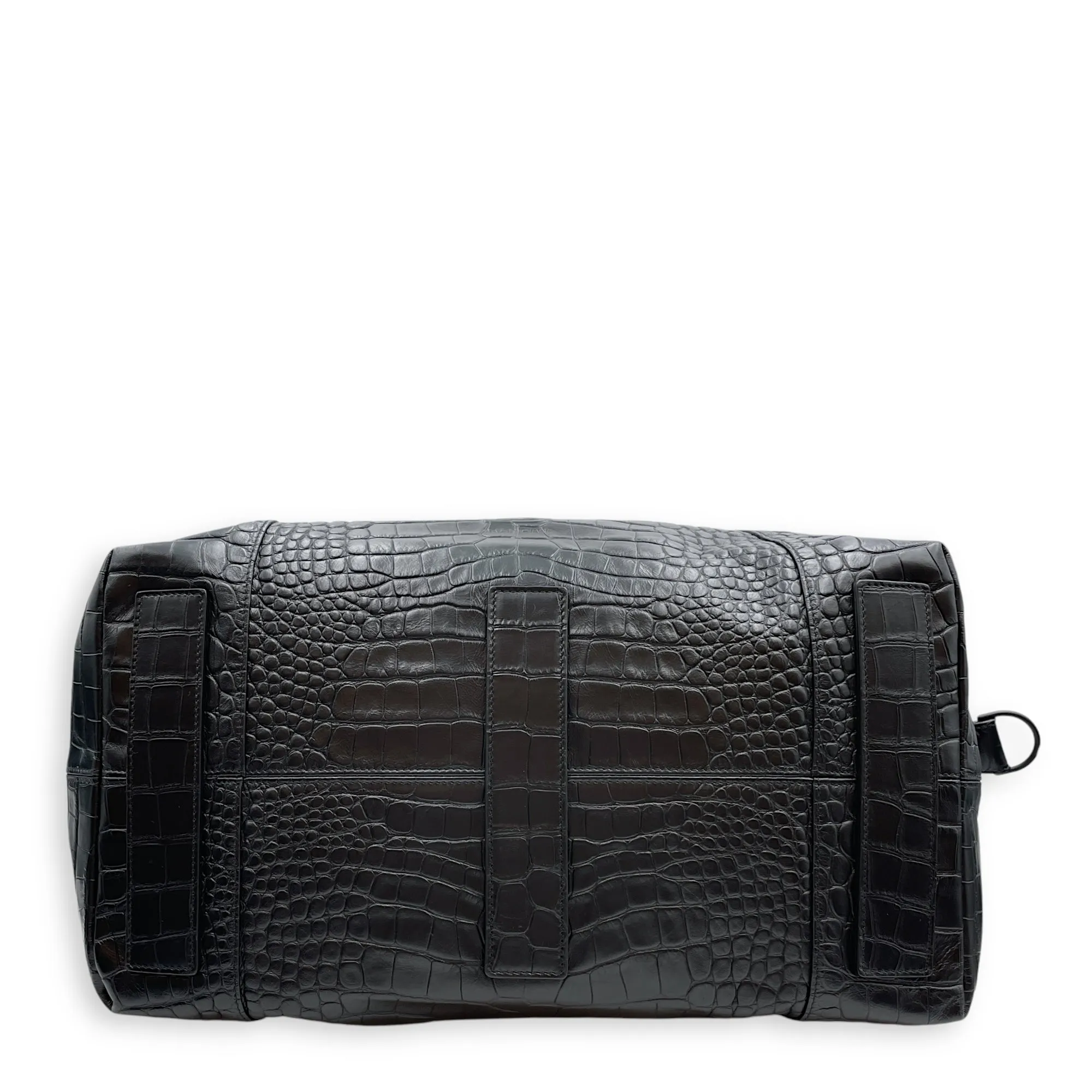 Large Black Duffle Bag in Crocodile Embossed Calfskin, Black powder coated hardware