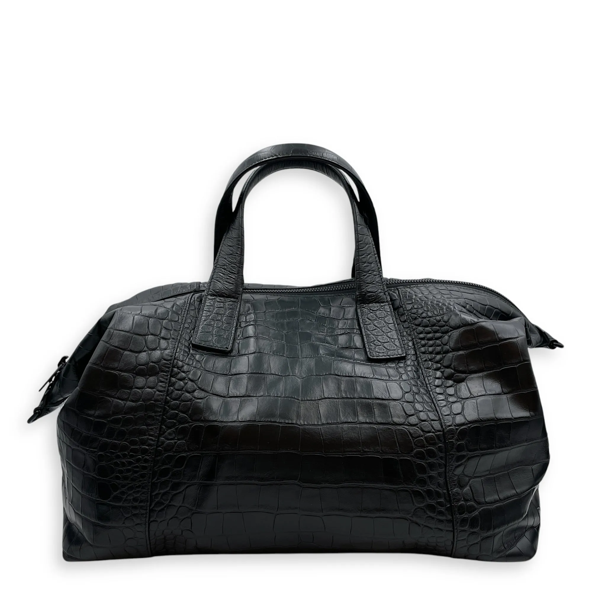 Large Black Duffle Bag in Crocodile Embossed Calfskin, Black powder coated hardware