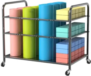Large Capacity Rolling Yoga Mat Storage Rack, Adjustable Iron Pilates Mat Holder with Lockable Wheels for Home Gym Studio