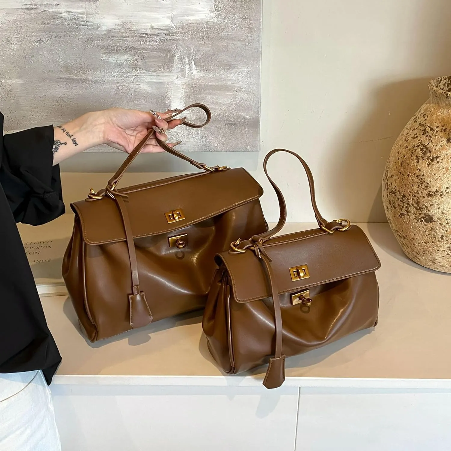 Large Capacity Underarm Bag for Women, Leather-Look Top Handle Purse with Double Latch, 4 Colors