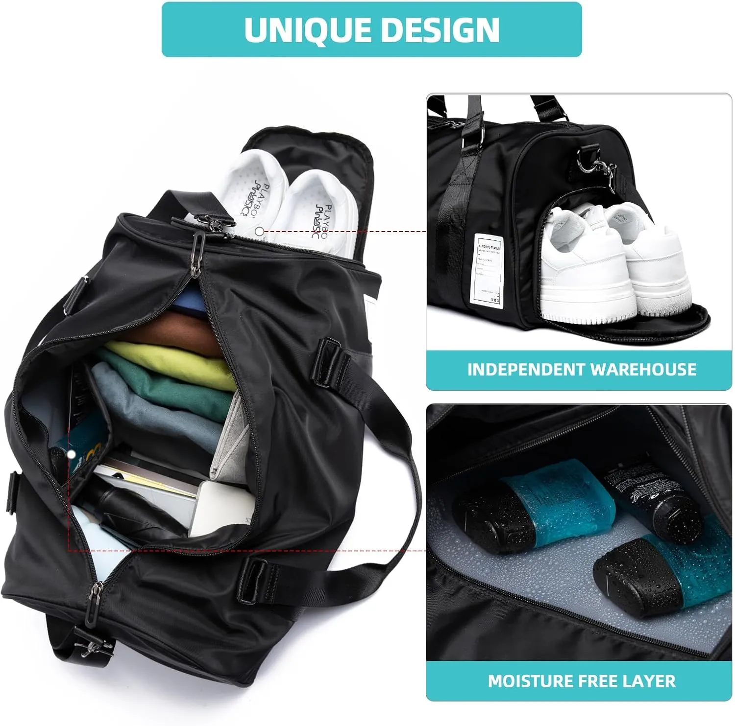 Large Carry on Gym Bag with Shoe Compartment for Men Women Waterproof Overnight Weekender Duffel Bag for Travel Personal Items Sports Workout Outdoors Black