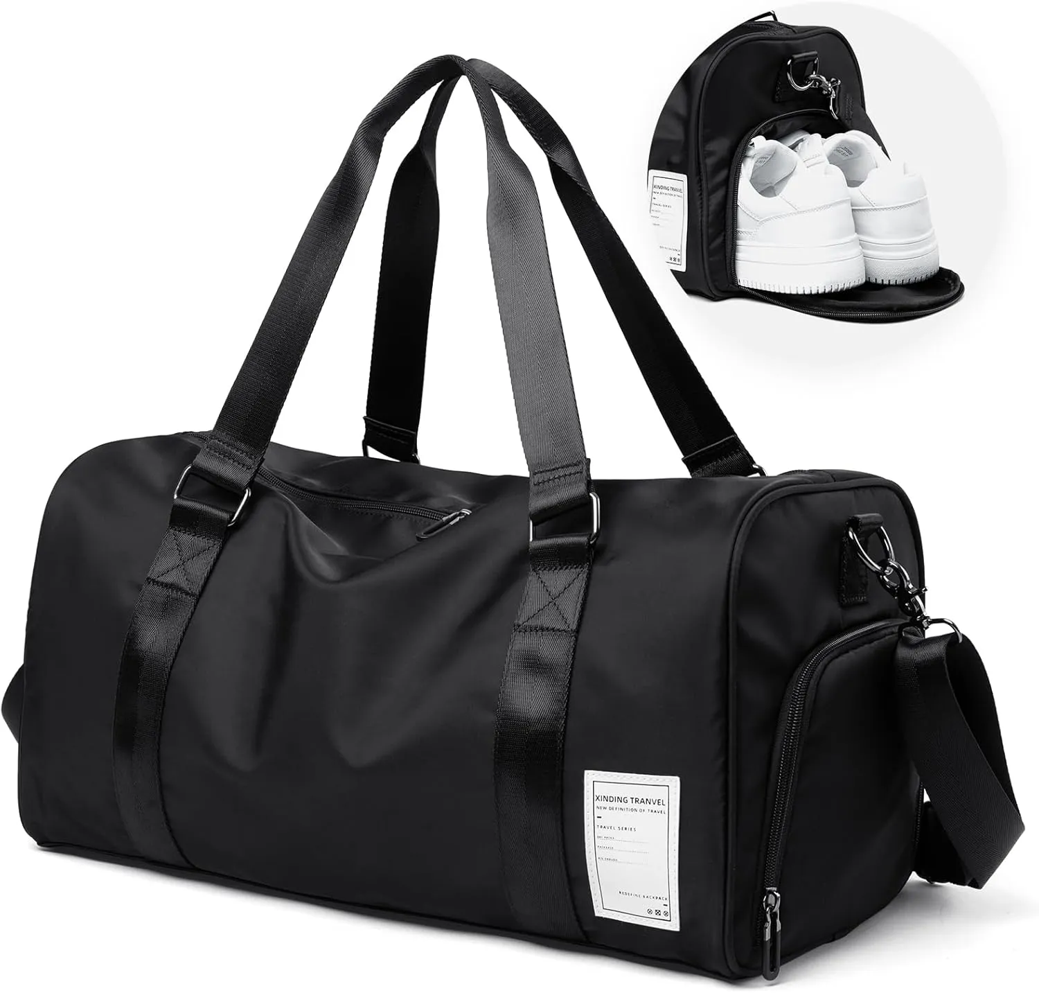Large Carry on Gym Bag with Shoe Compartment for Men Women Waterproof Overnight Weekender Duffel Bag for Travel Personal Items Sports Workout Outdoors Black