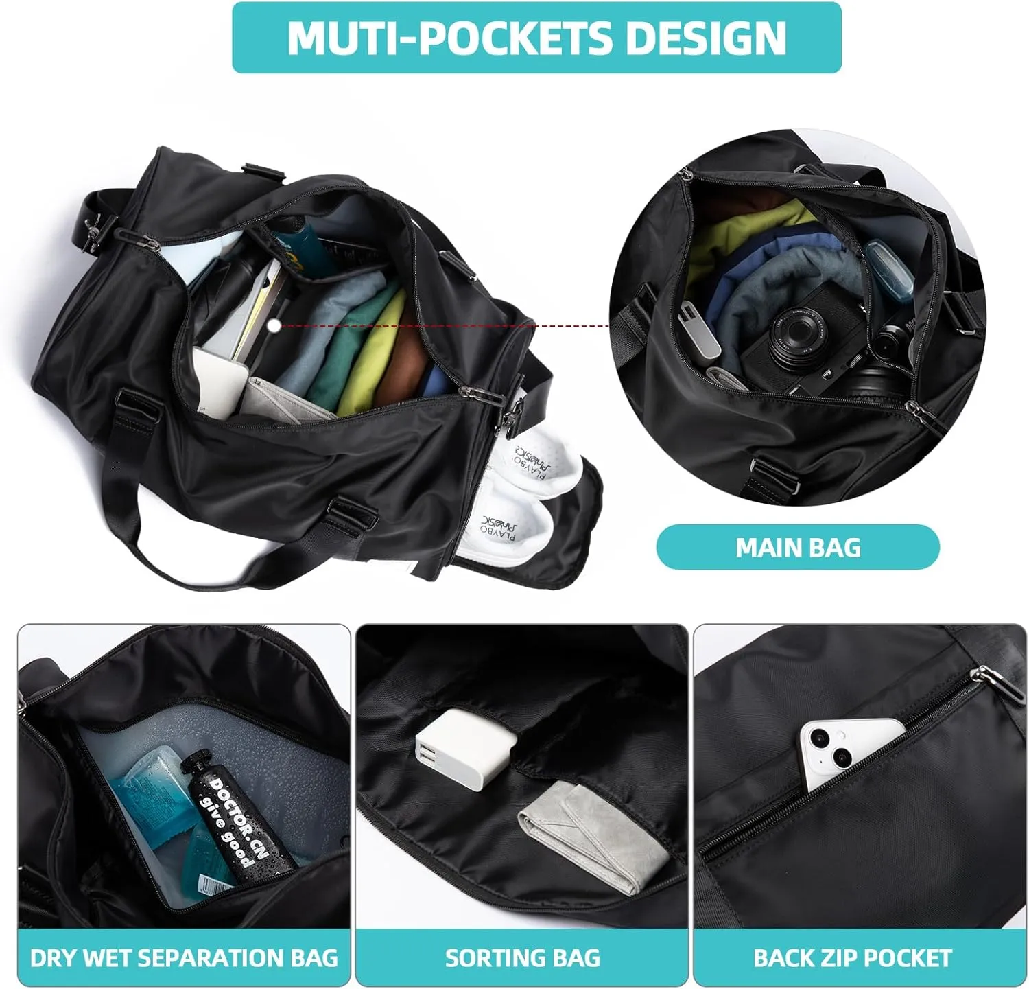 Large Carry on Gym Bag with Shoe Compartment for Men Women Waterproof Overnight Weekender Duffel Bag for Travel Personal Items Sports Workout Outdoors Black
