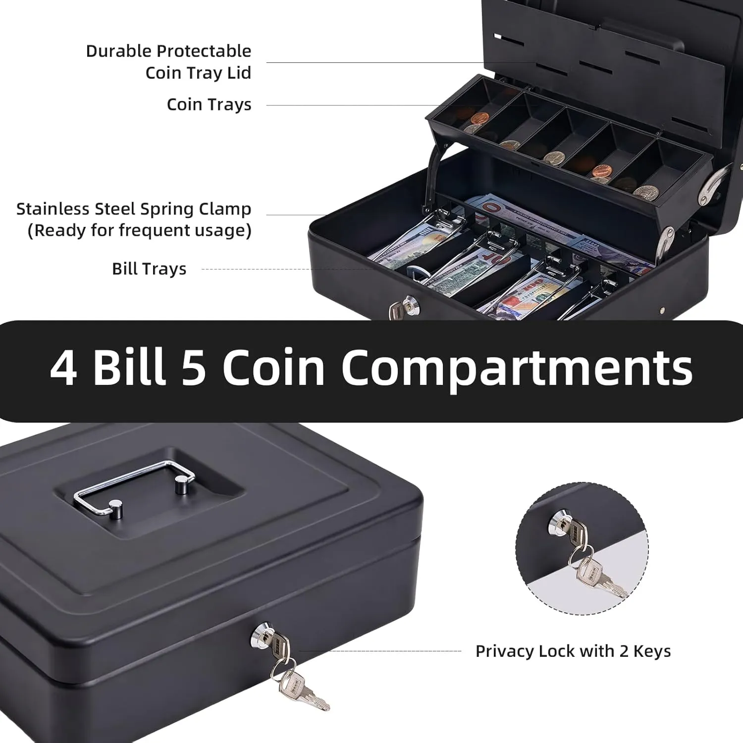 Large Cash Box with Security Cable & Coin Tray, Metal Money Box with Tray & Key Lock,Tiered Locking Cash Boxes,Portable Lock Safe Box, Adjustable Coin Box,Deluxe Metal Money Box,Black