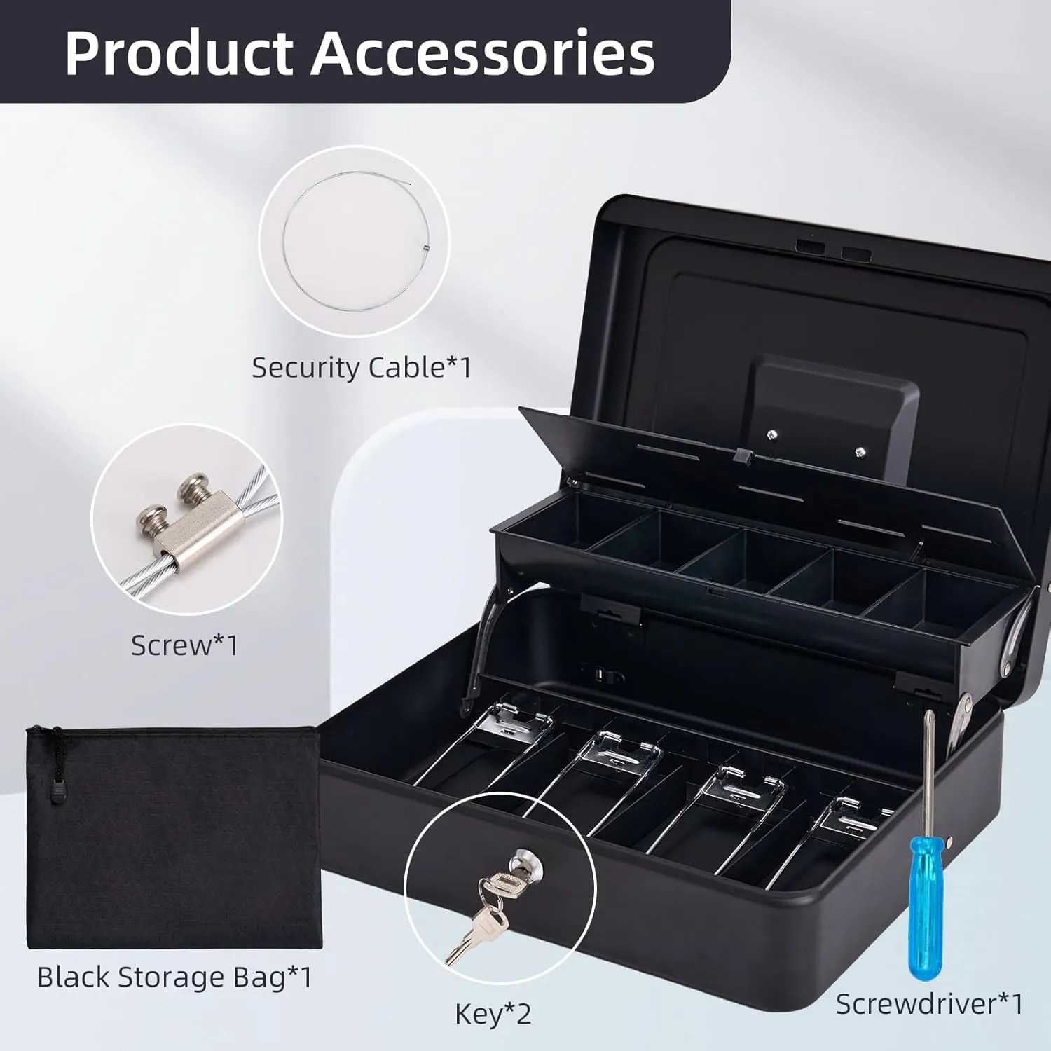 Large Cash Box with Security Cable & Coin Tray, Metal Money Box with Tray & Key Lock,Tiered Locking Cash Boxes,Portable Lock Safe Box, Adjustable Coin Box,Deluxe Metal Money Box,Black