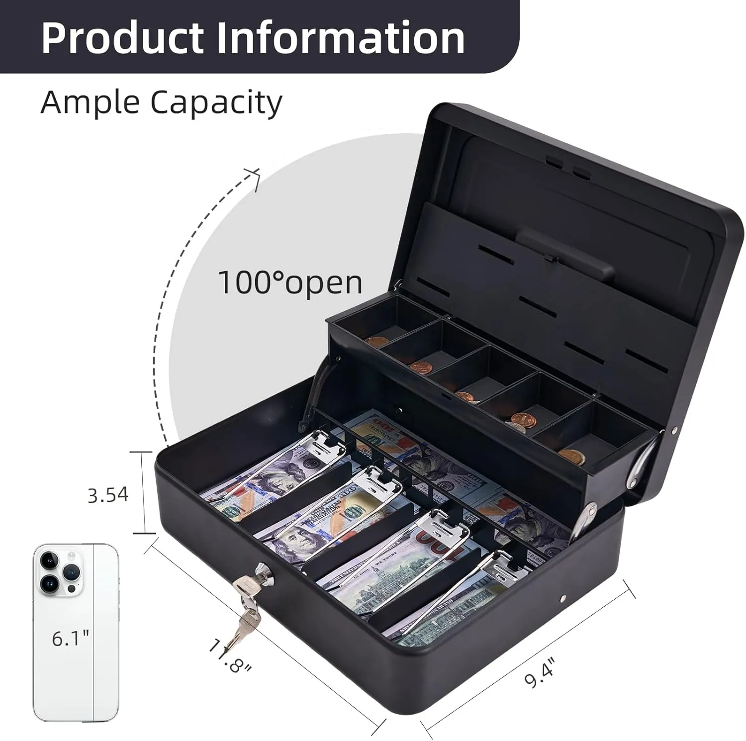 Large Cash Box with Security Cable & Coin Tray, Metal Money Box with Tray & Key Lock,Tiered Locking Cash Boxes,Portable Lock Safe Box, Adjustable Coin Box,Deluxe Metal Money Box,Black