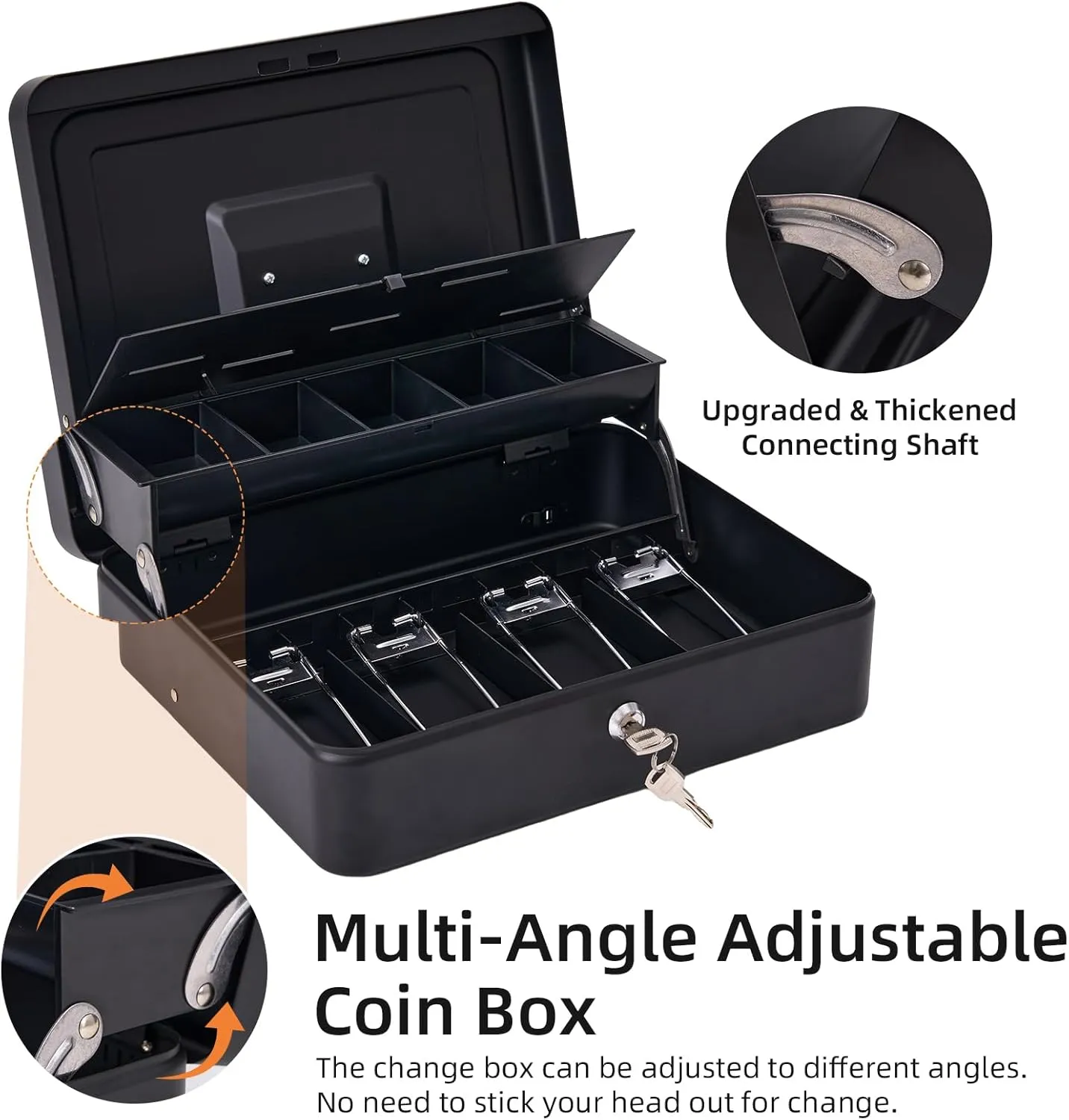 Large Cash Box with Security Cable & Coin Tray, Metal Money Box with Tray & Key Lock,Tiered Locking Cash Boxes,Portable Lock Safe Box, Adjustable Coin Box,Deluxe Metal Money Box,Black