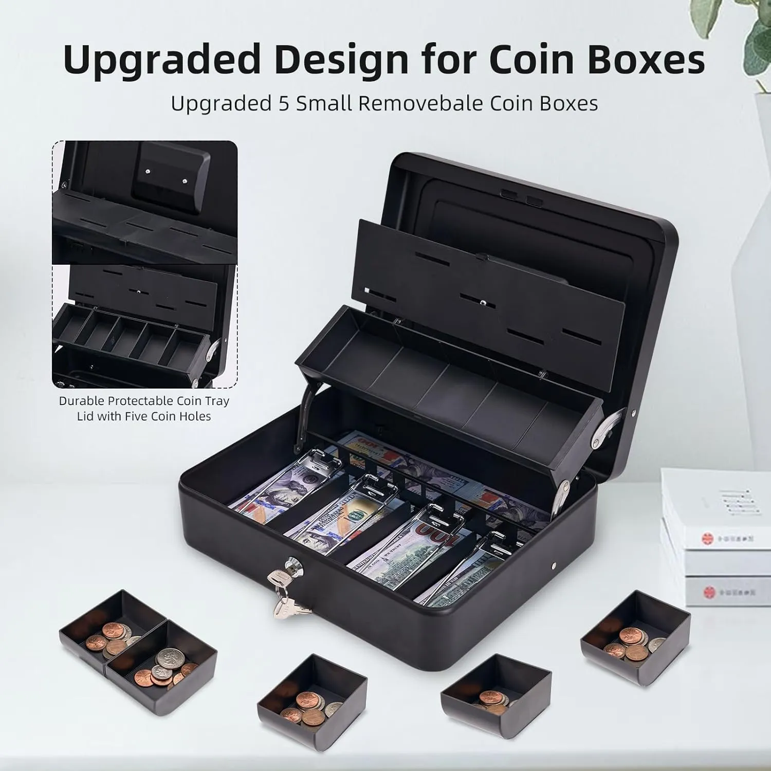 Large Cash Box with Security Cable & Coin Tray, Metal Money Box with Tray & Key Lock,Tiered Locking Cash Boxes,Portable Lock Safe Box, Adjustable Coin Box,Deluxe Metal Money Box,Black