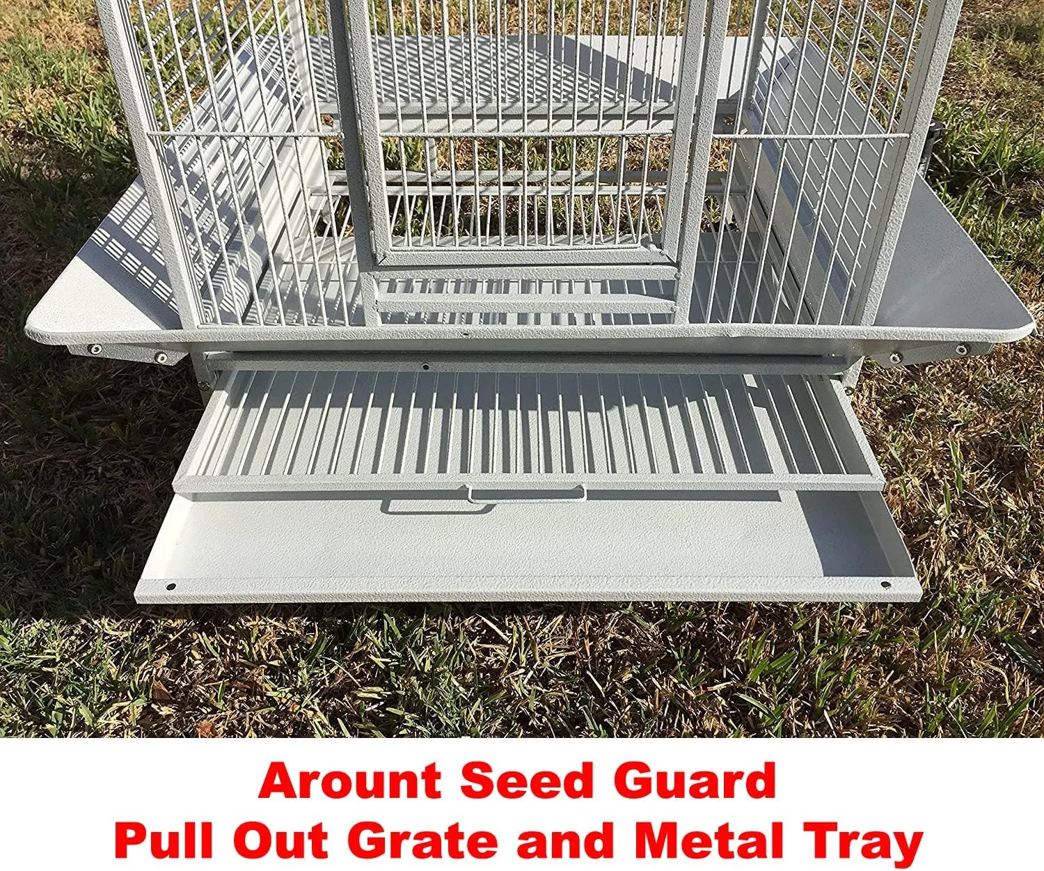 Large Elegance and Durable Wrought Iron Open Play Top Stand Bird Parrot Rolling Cage, Include Metal Seed Guard Solid Metal Feeder Nest Door (30.5 x 29.5 x 63 H, White Vein)